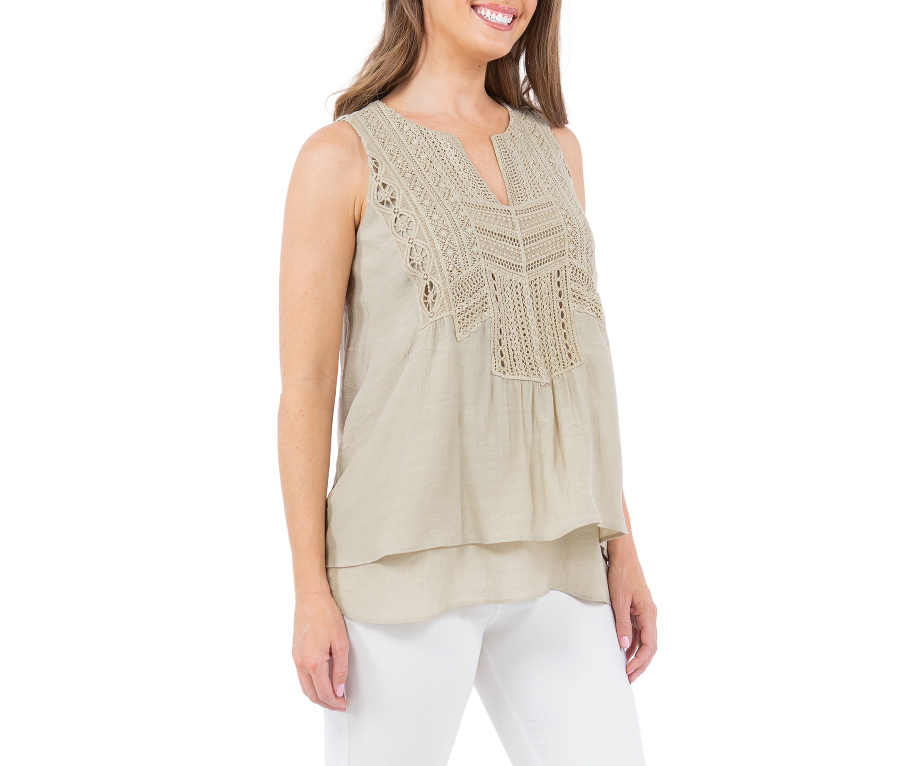 Womens Double Layer Leno Gauze Top with Lace Yoke