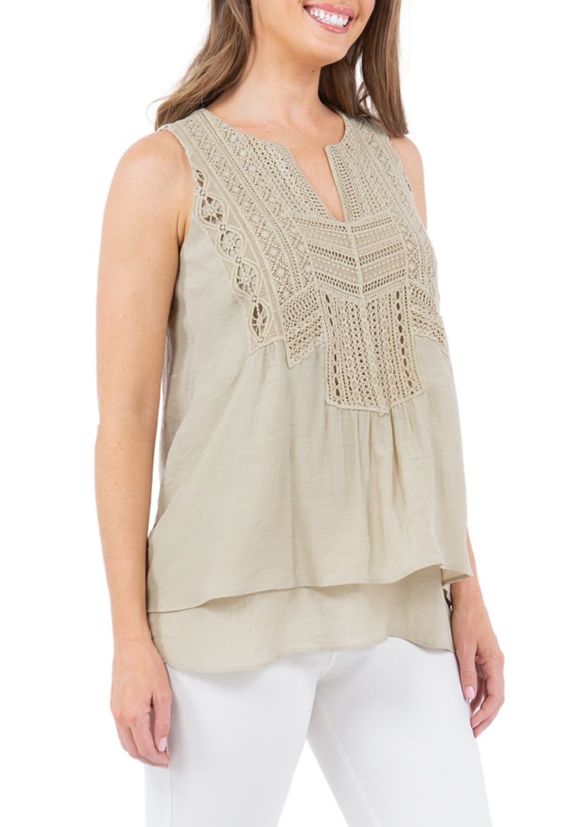 Womens Double Layer Leno Gauze Top with Lace Yoke