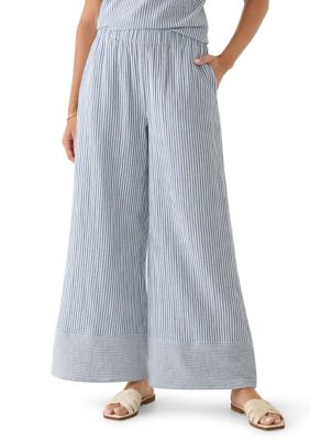 Single Thread Women's Striped Wide Leg Gauze Pants, Navy Blue, XL
