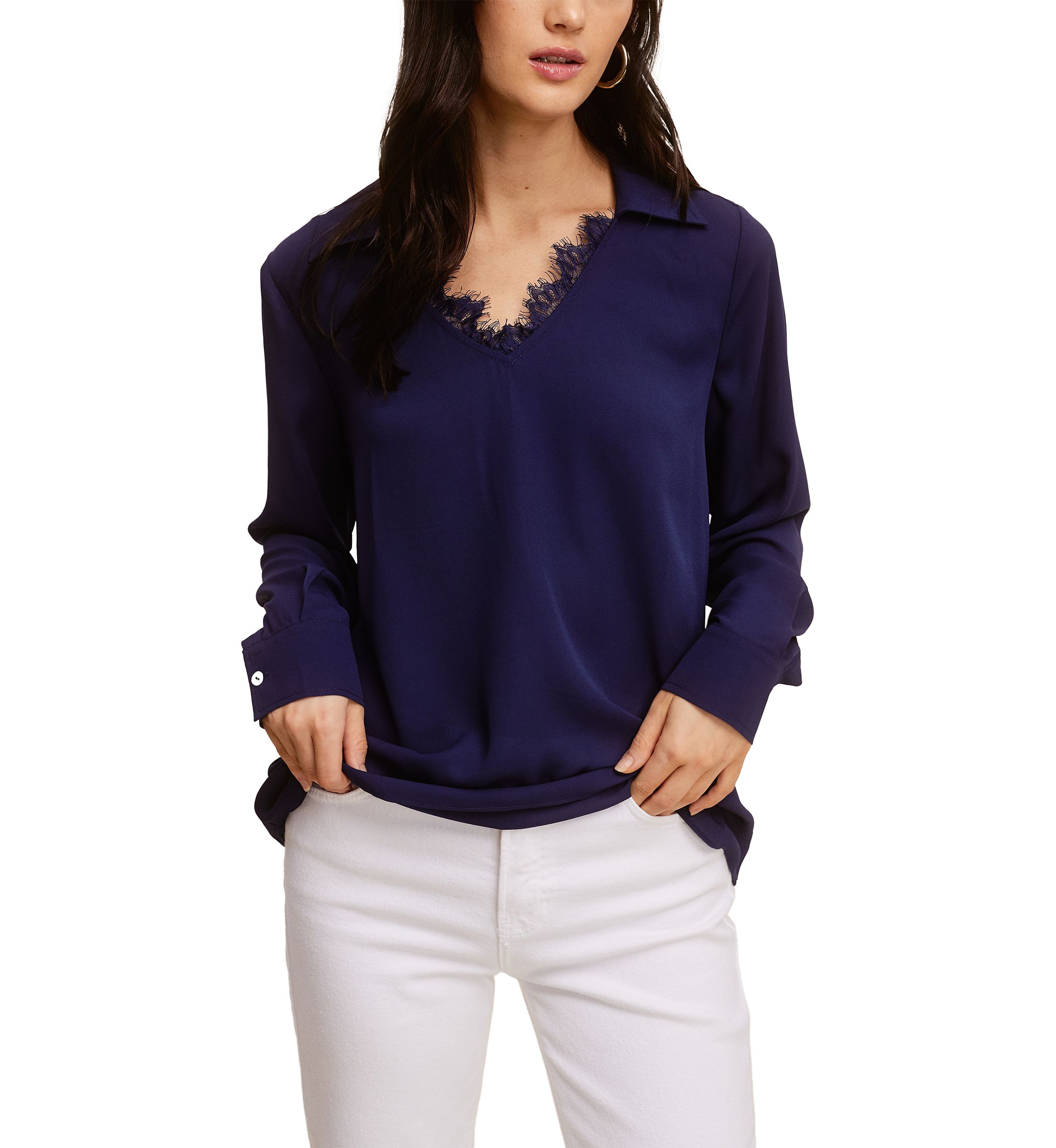 Womens Lace Trim Long Sleeve Blouse