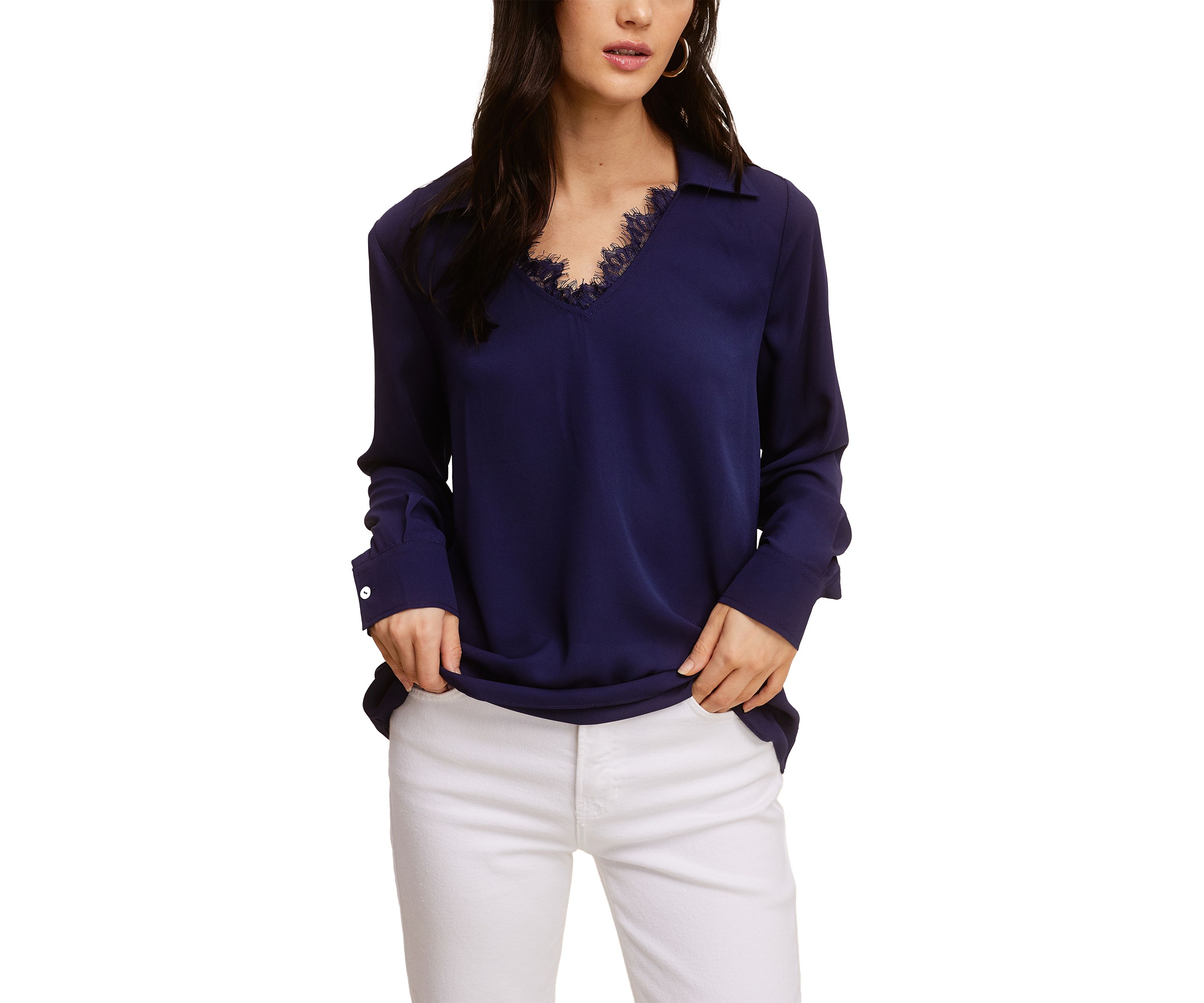Womens Lace Trim Long Sleeve Blouse