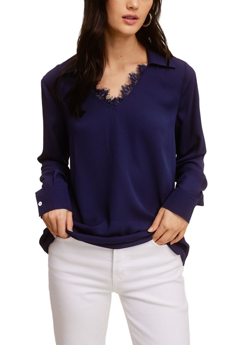 Womens Lace Trim Long Sleeve Blouse
