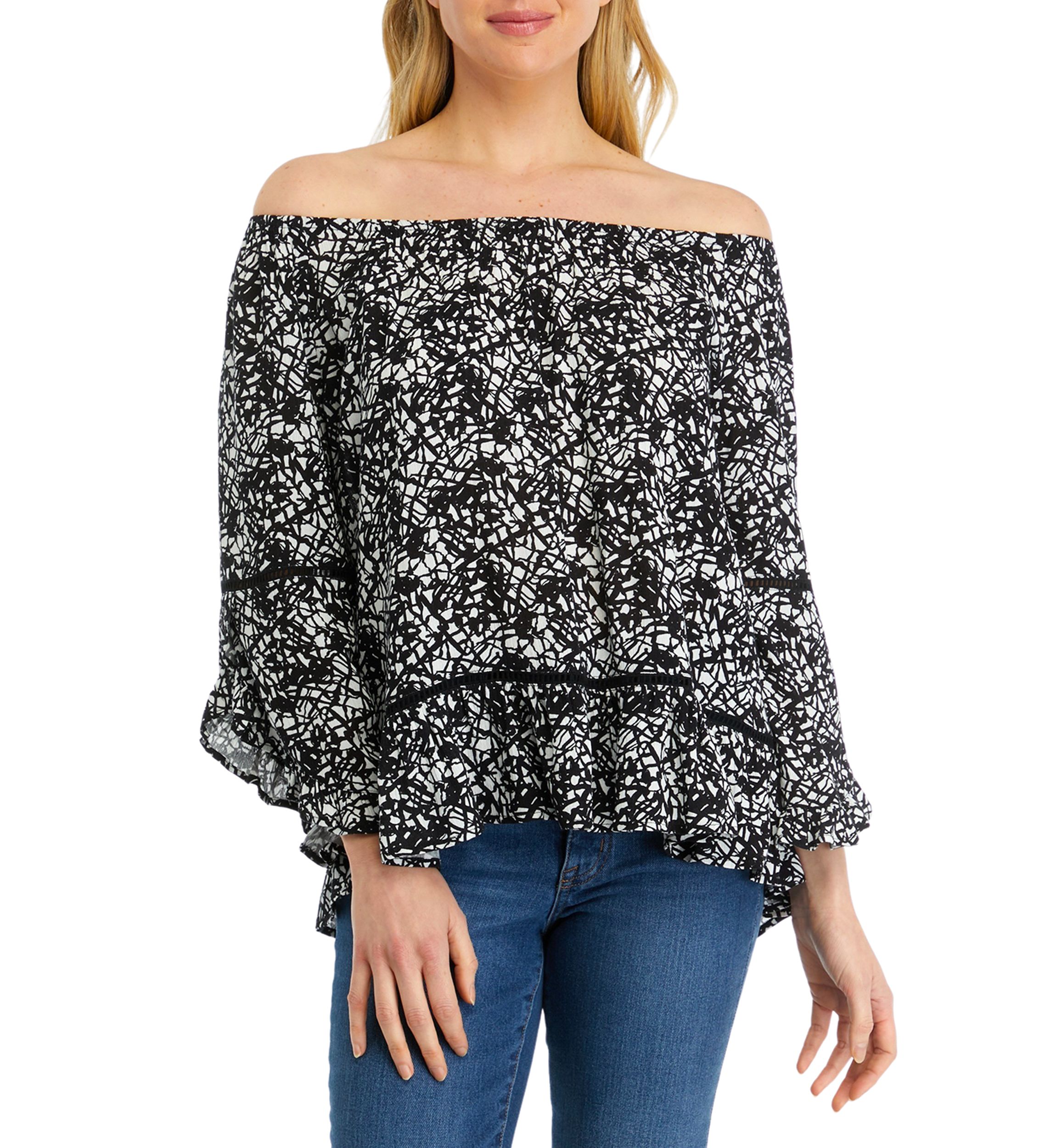 Womens Off the Shoulder Printed Ruffle Sleeve Blouse