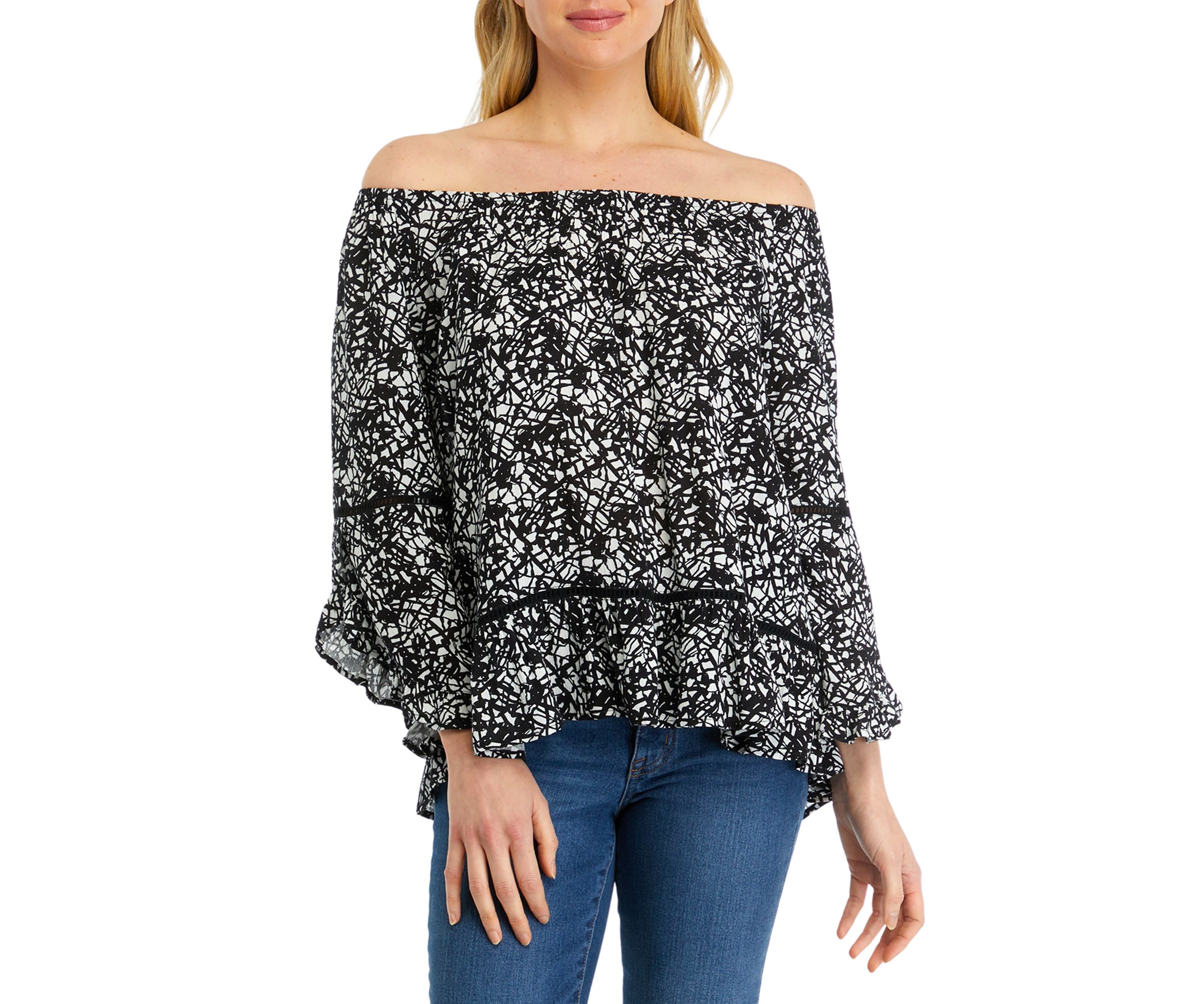 Womens Off the Shoulder Printed Ruffle Sleeve Blouse