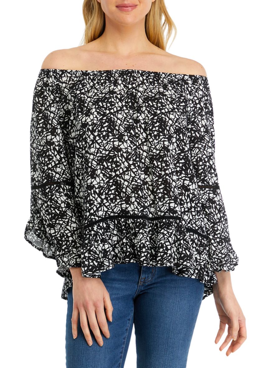 Womens Off the Shoulder Printed Ruffle Sleeve Blouse