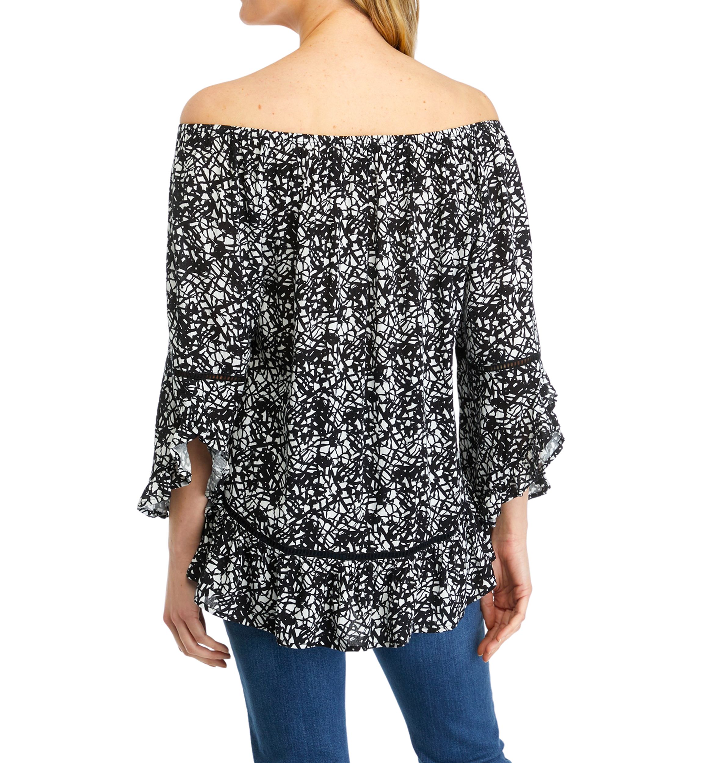 Womens Off the Shoulder Printed Ruffle Sleeve Blouse