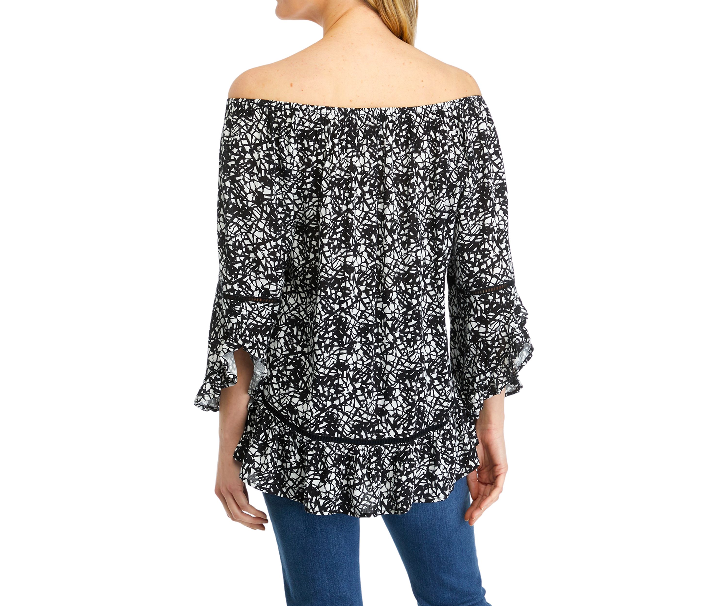 Womens Off the Shoulder Printed Ruffle Sleeve Blouse