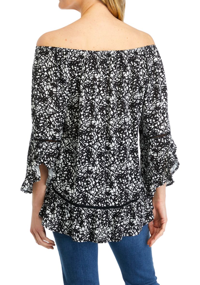 Womens Off the Shoulder Printed Ruffle Sleeve Blouse