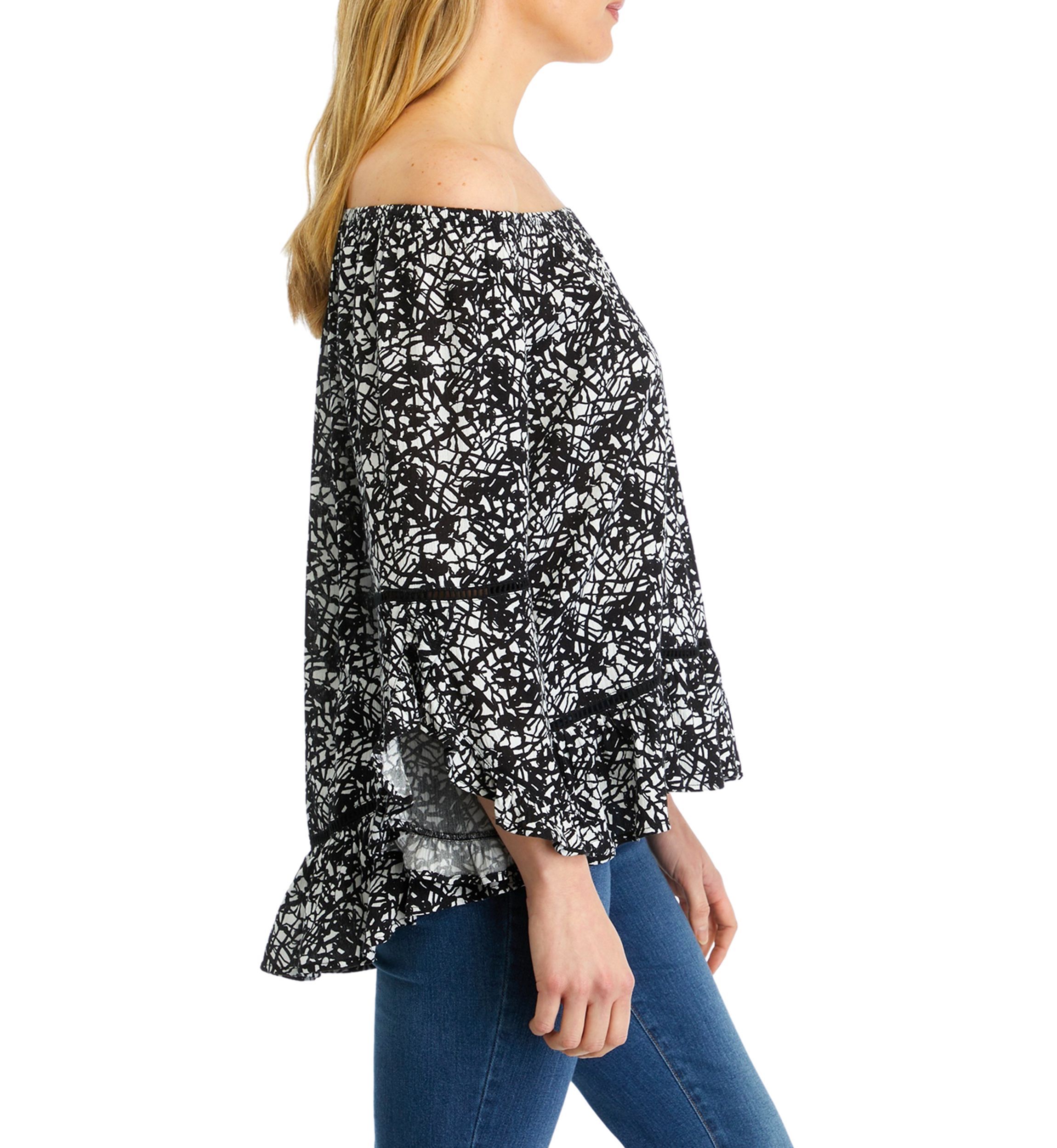 Womens Off the Shoulder Printed Ruffle Sleeve Blouse