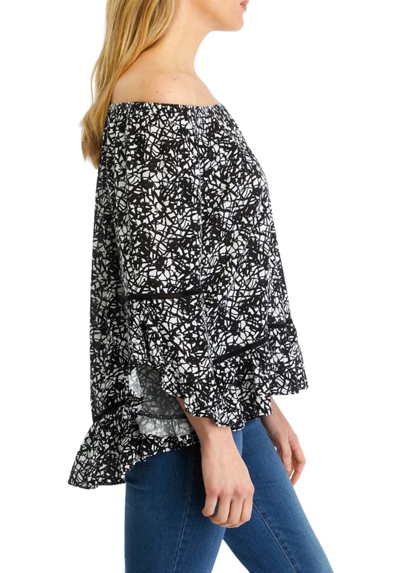 Womens Off the Shoulder Printed Ruffle Sleeve Blouse