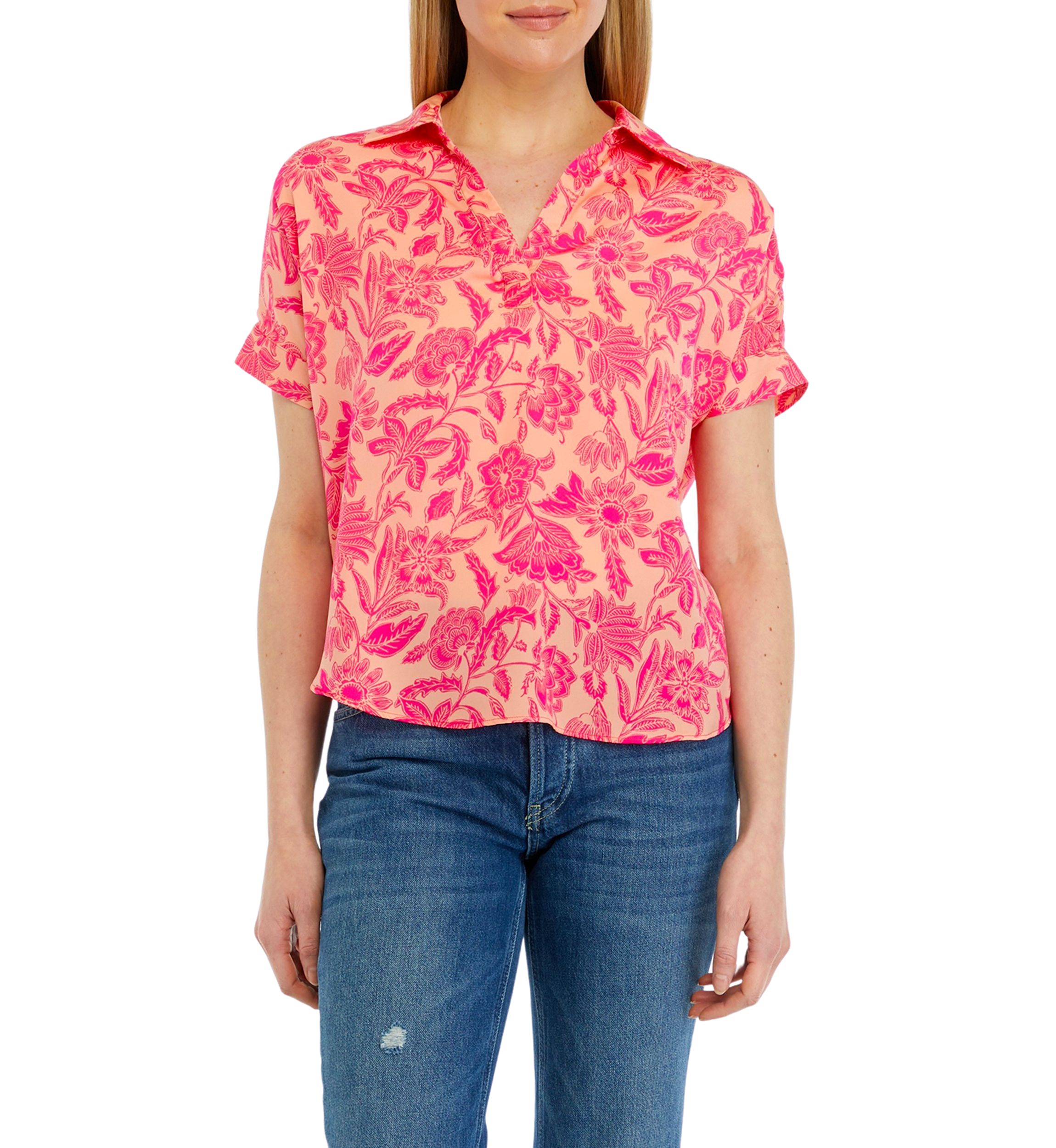 Womens Printed Split Neck Satin Blouse