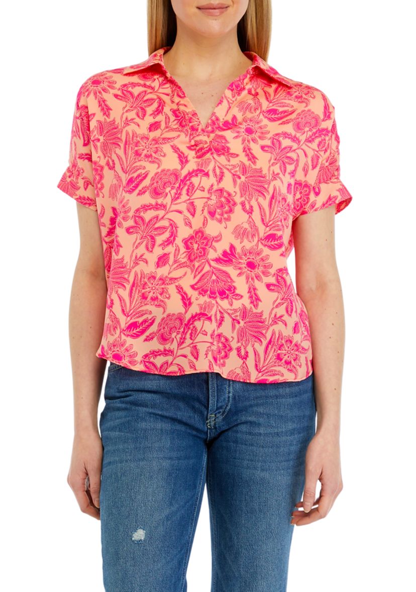 Womens Printed Split Neck Satin Blouse