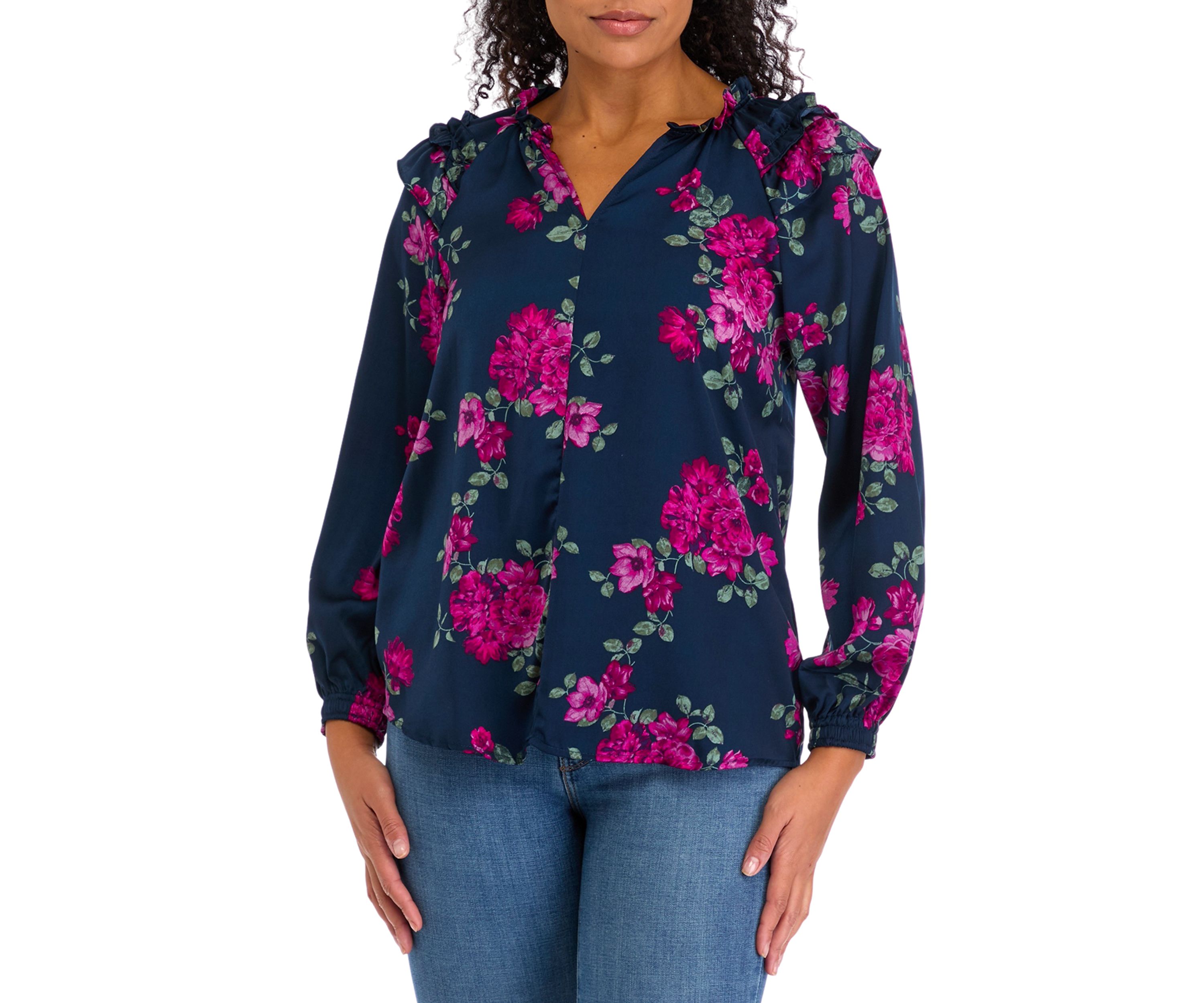 Womens Long Sleeve Print Washer Woven Blouse