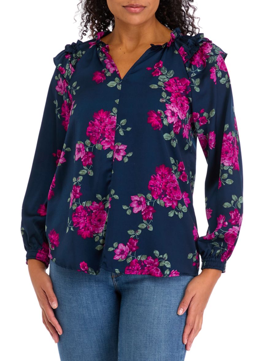 Womens Long Sleeve Print Washer Woven Blouse