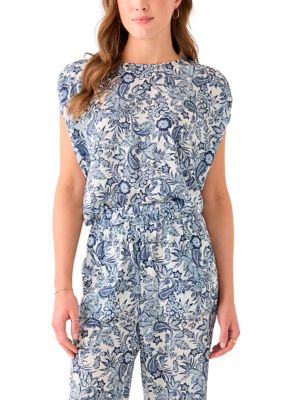 Single Thread Women's Cap Sleeve Washer Satin Printed Top, Blue, Large