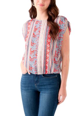 Single Thread Women's Cap Sleeve Washer Satin Printed Top, Small