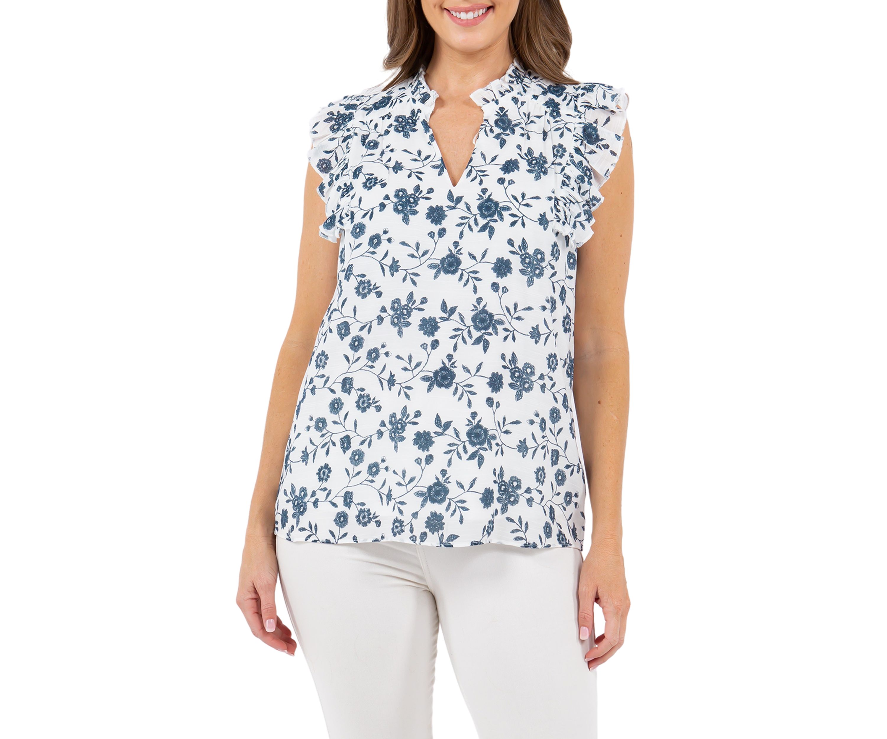 Womens Printed Leno Gauze Ruffle Sleeve Top