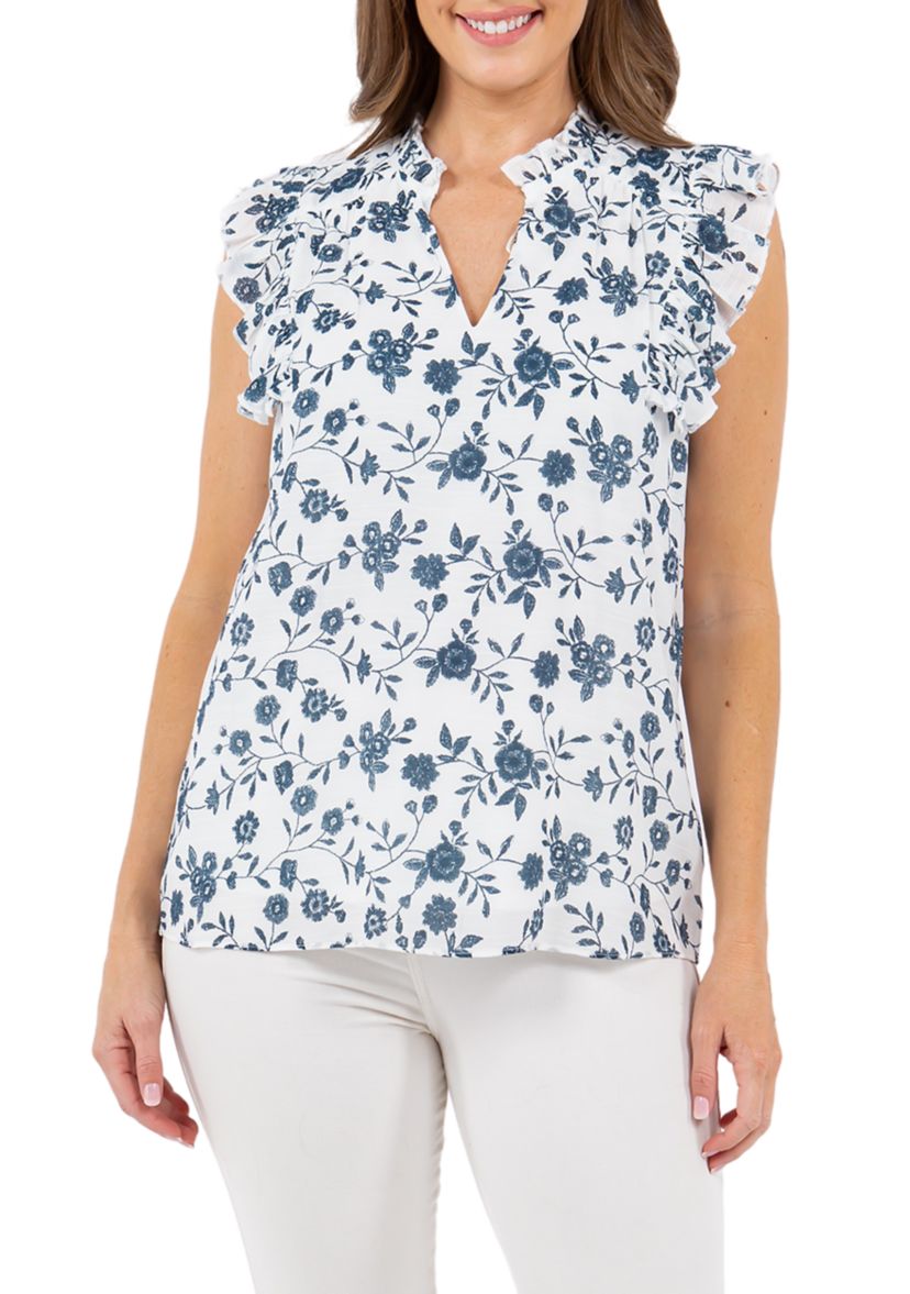 Womens Printed Leno Gauze Ruffle Sleeve Top