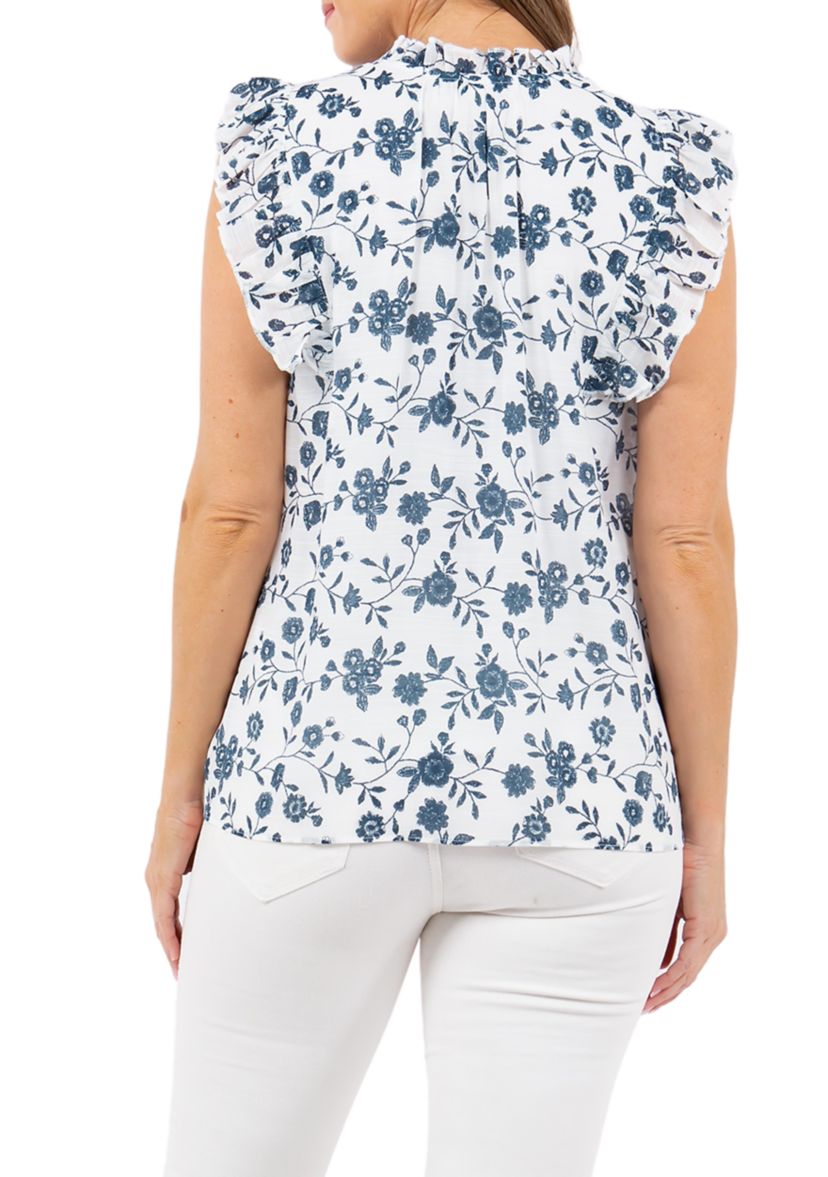 Womens Printed Leno Gauze Ruffle Sleeve Top