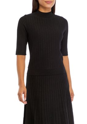 Single Thread Women's Elbow Sleeve Ribbed Lurex Knit Sweater, Black, Small