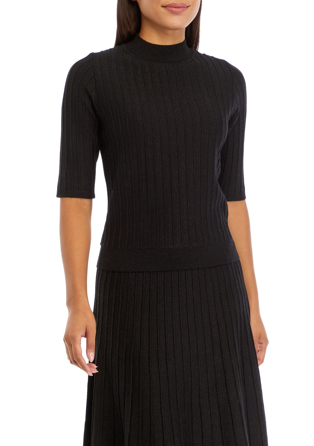 Womens Elbow Sleeve Ribbed Lurex Knit Sweater