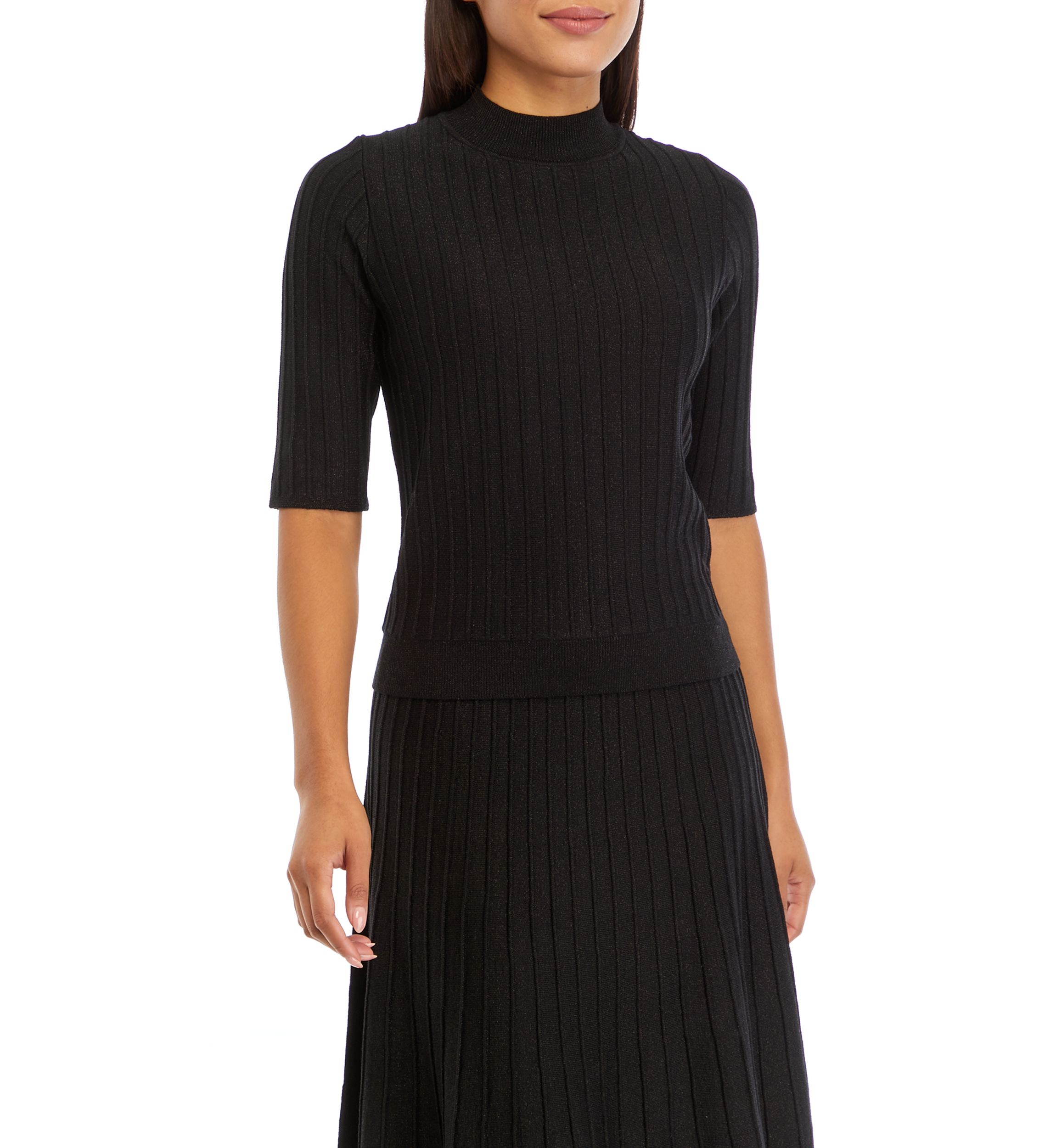 Womens Elbow Sleeve Ribbed Lurex Knit Sweater