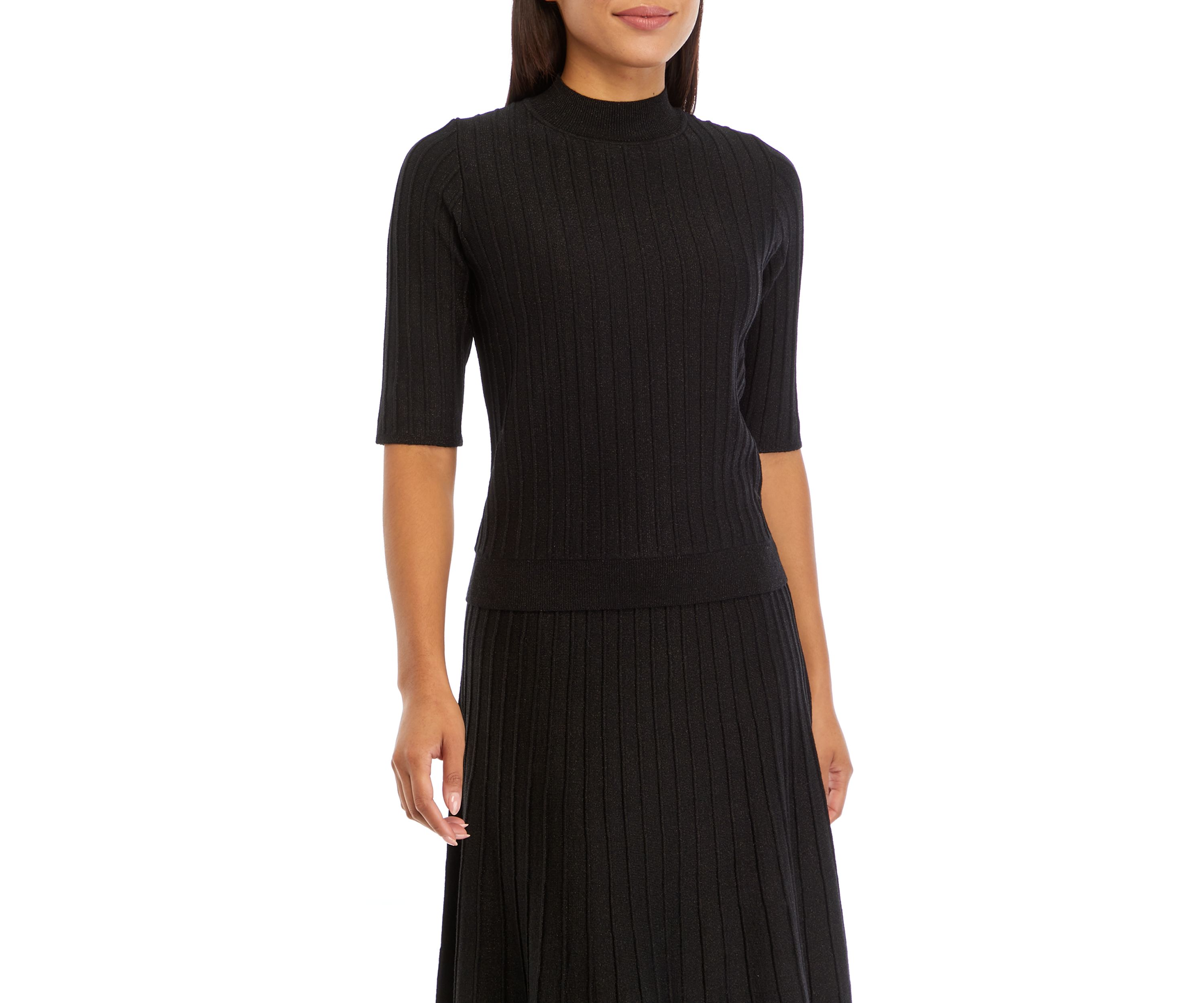 Womens Elbow Sleeve Ribbed Lurex Knit Sweater