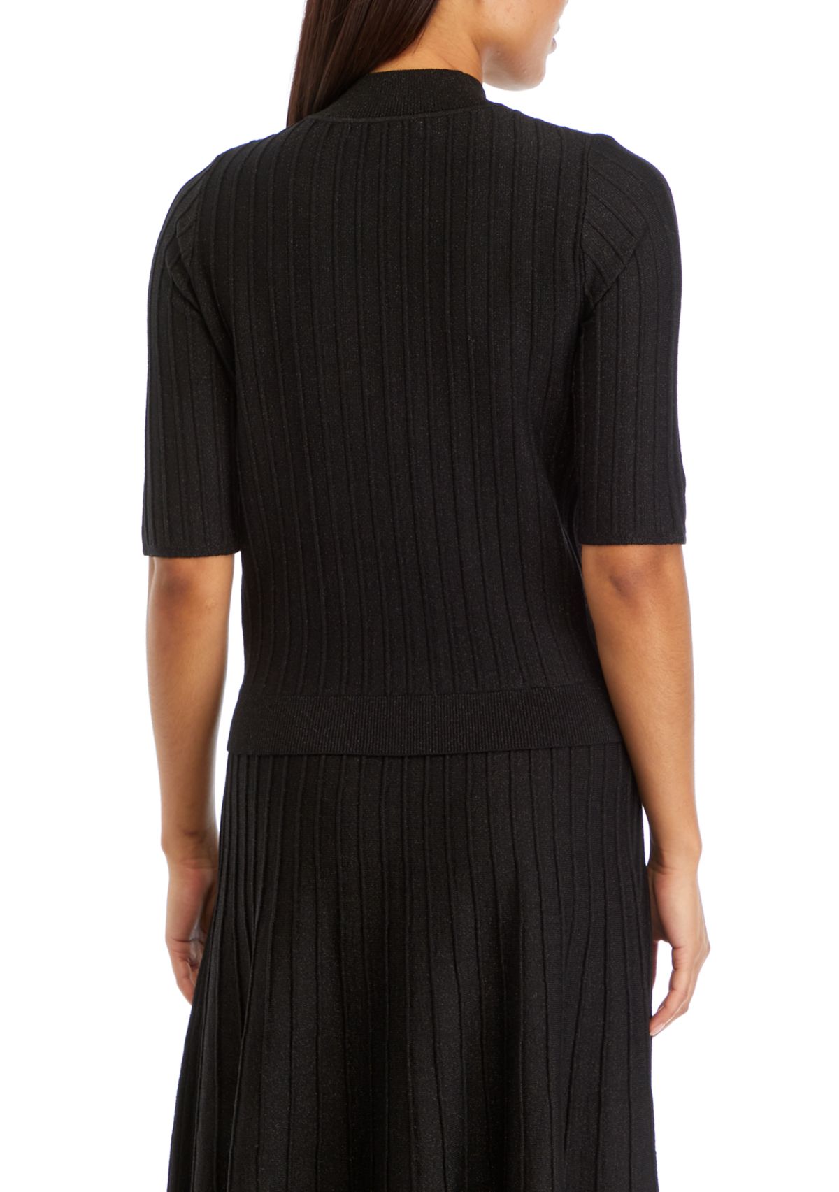 Womens Elbow Sleeve Ribbed Lurex Knit Sweater
