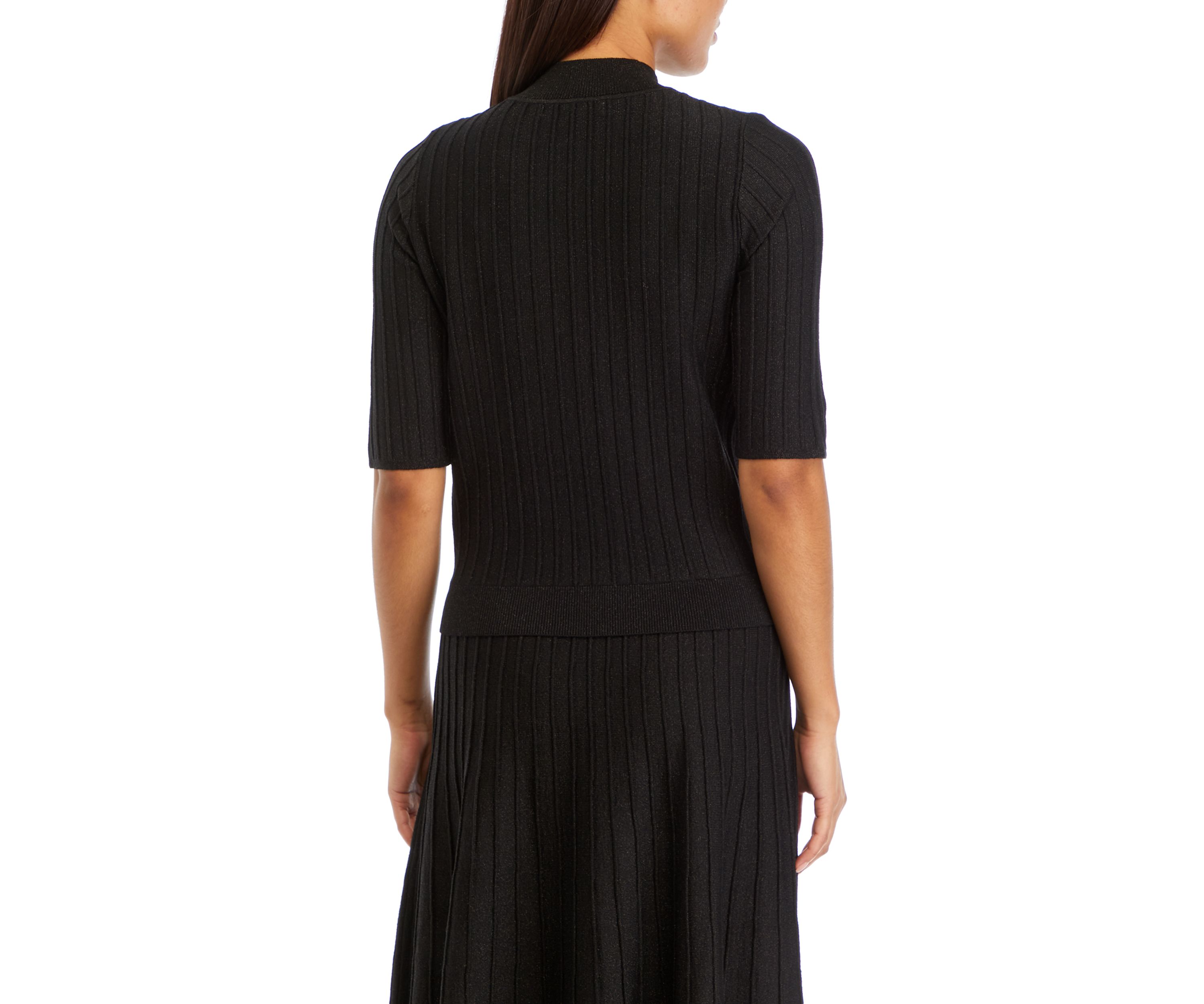 Womens Elbow Sleeve Ribbed Lurex Knit Sweater