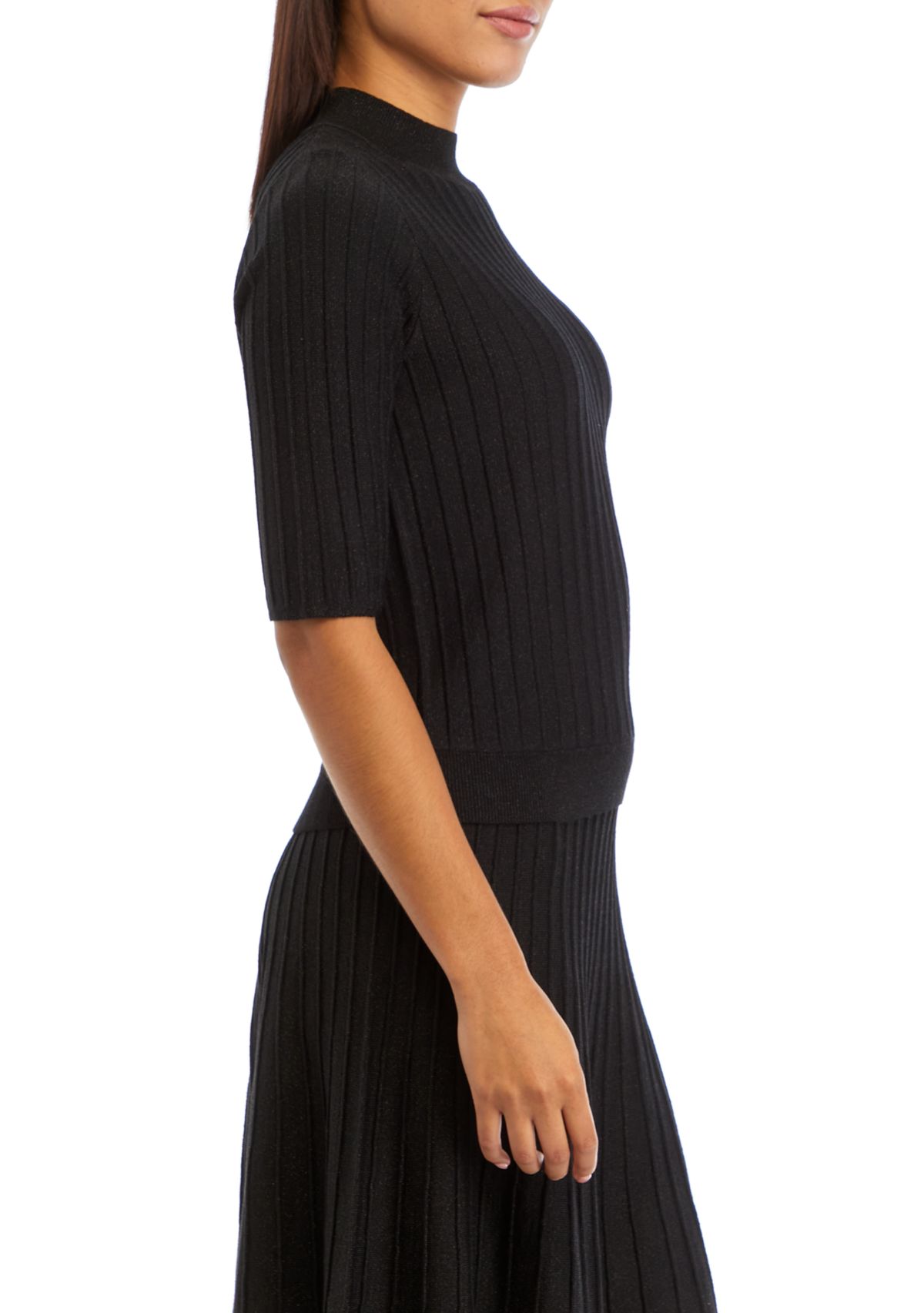 Womens Elbow Sleeve Ribbed Lurex Knit Sweater