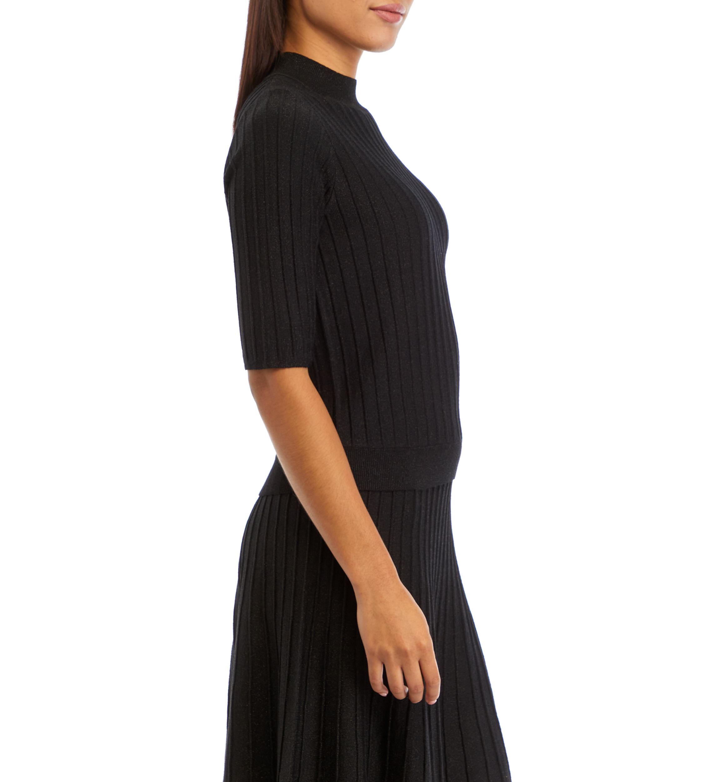 Womens Elbow Sleeve Ribbed Lurex Knit Sweater