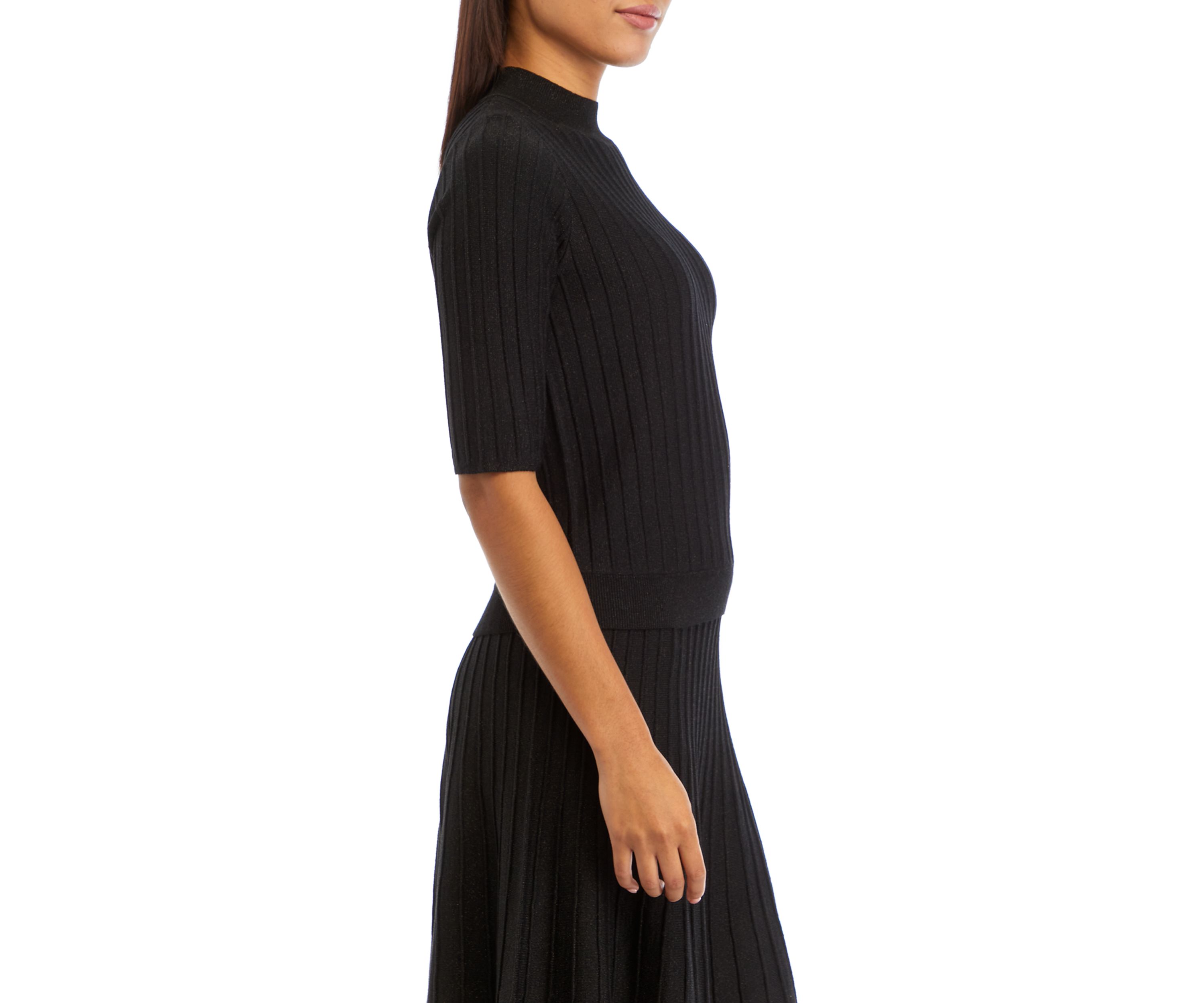 Womens Elbow Sleeve Ribbed Lurex Knit Sweater