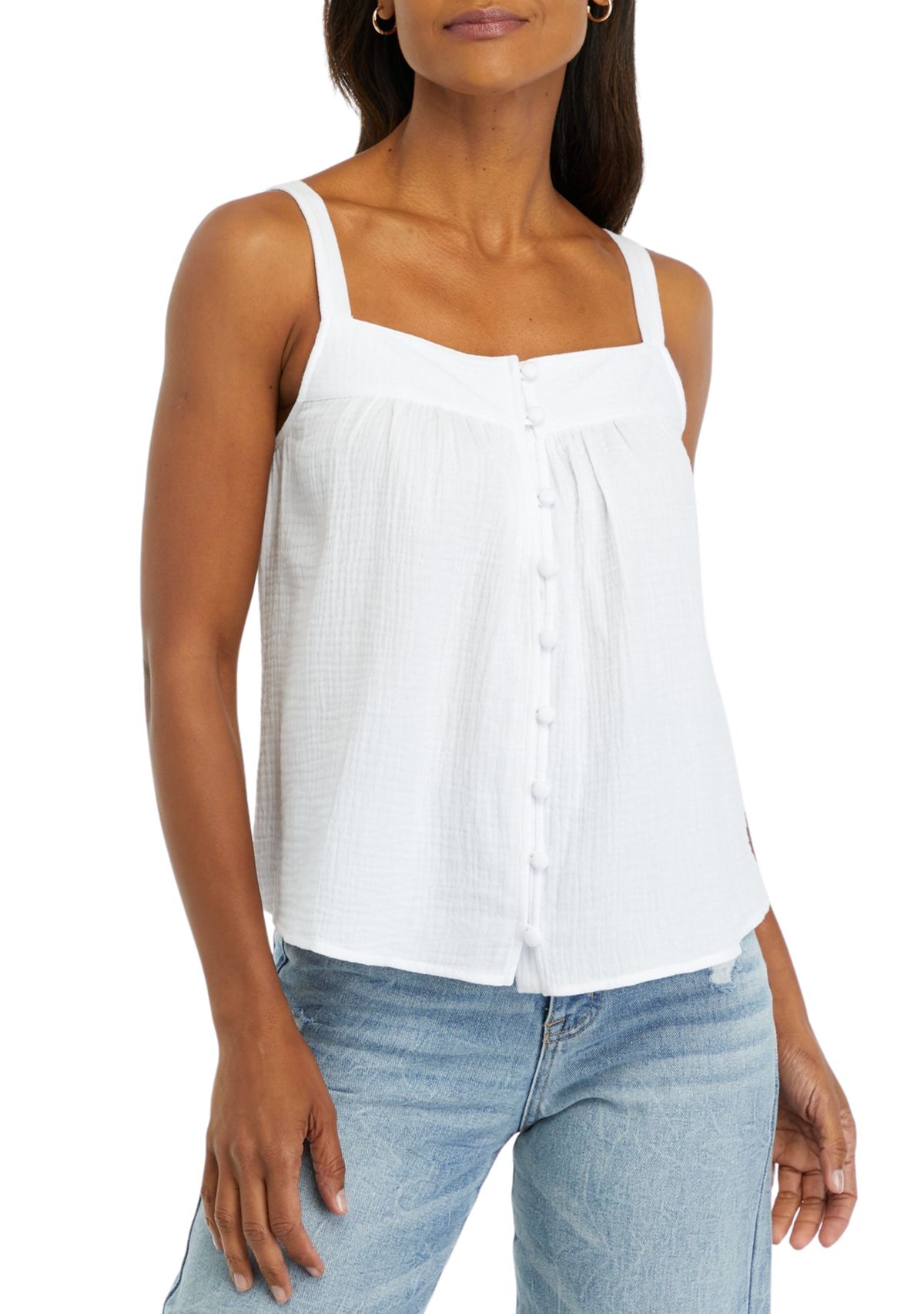Womens Solid Cotton Gauze Button Front Tank Top