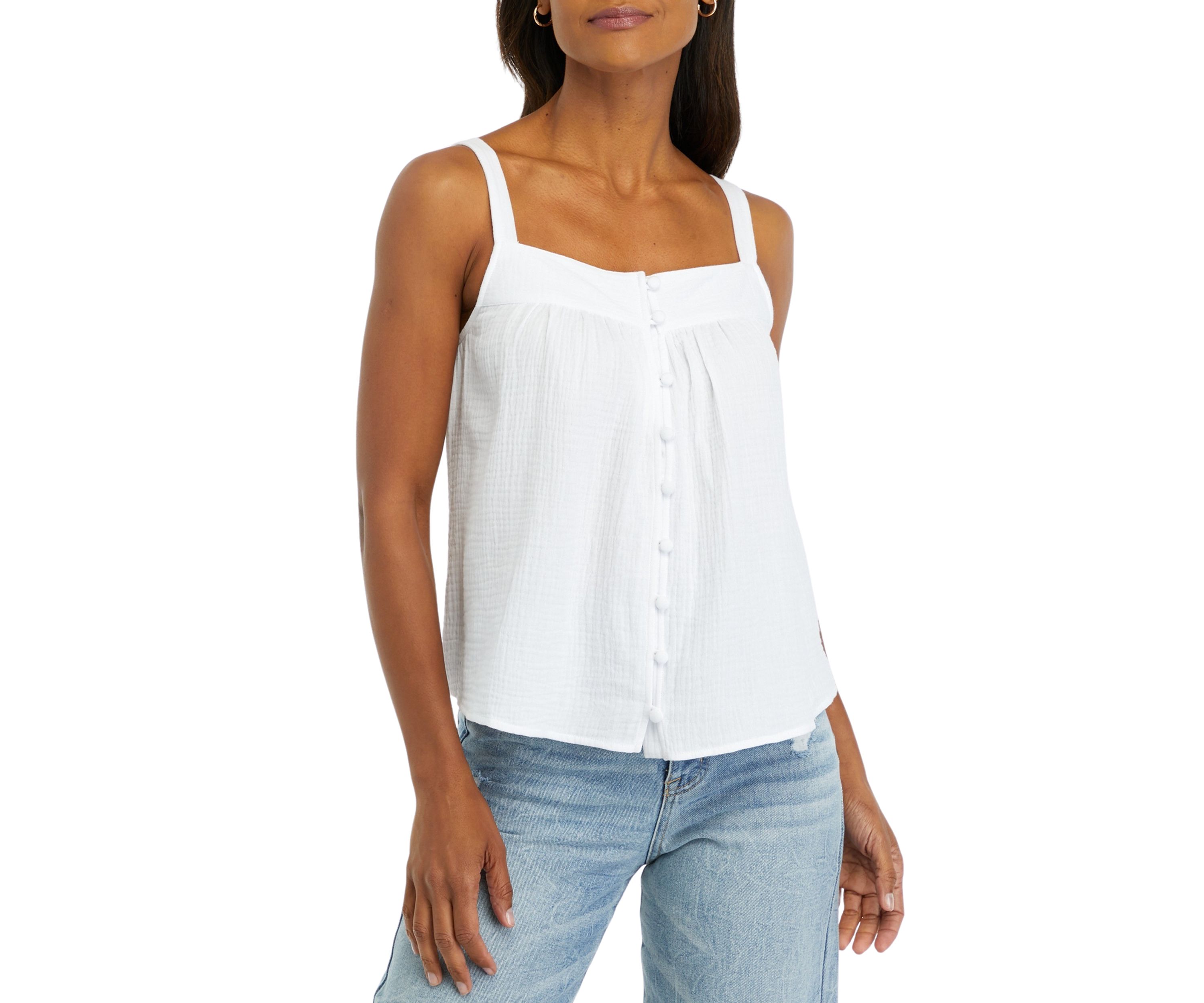 Womens Solid Cotton Gauze Button Front Tank Top