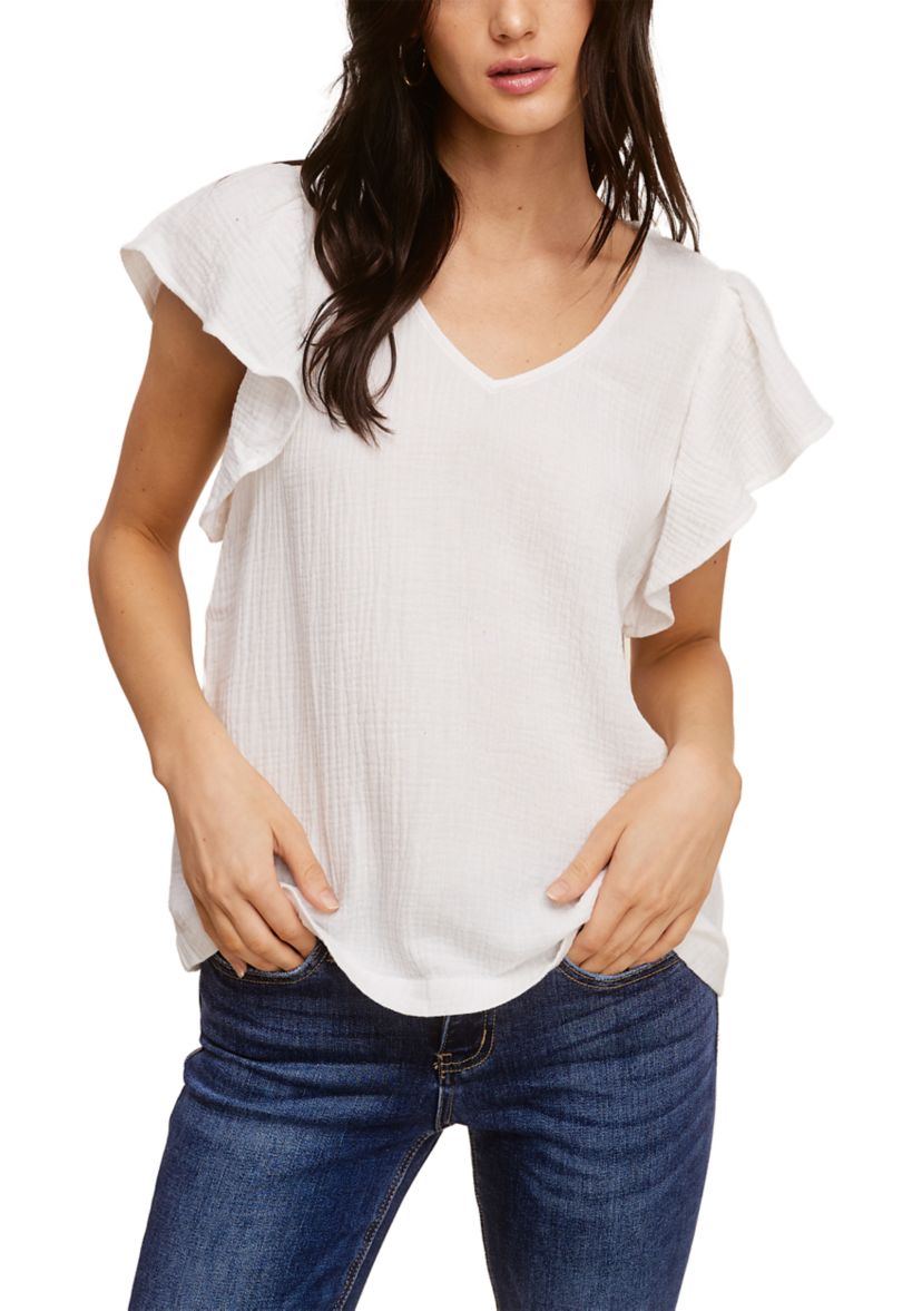 Womens Cotton Gauze Flutter Sleeve Top