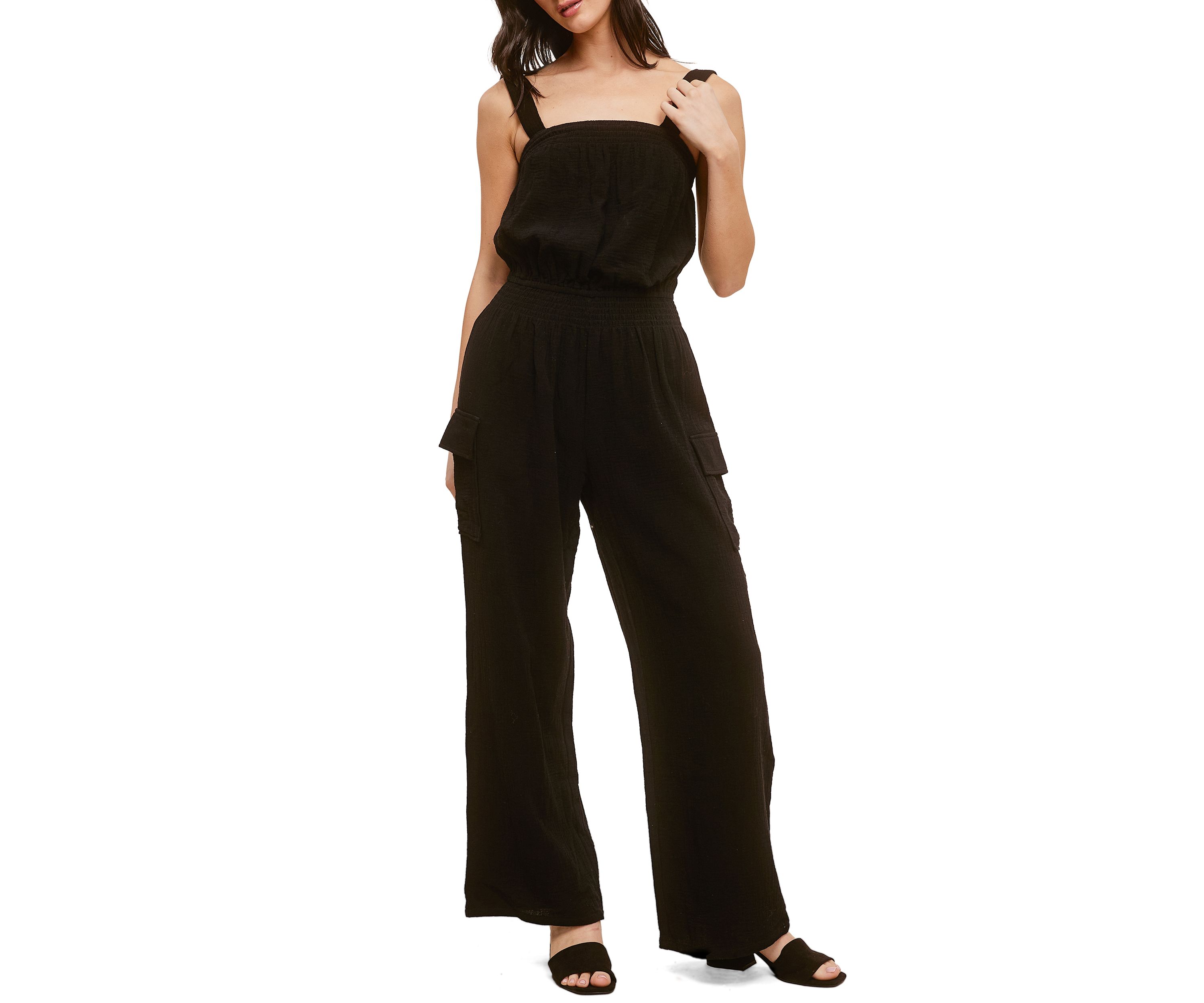 Womens Cotton Gauze Jumpsuit with Cargo Pockets