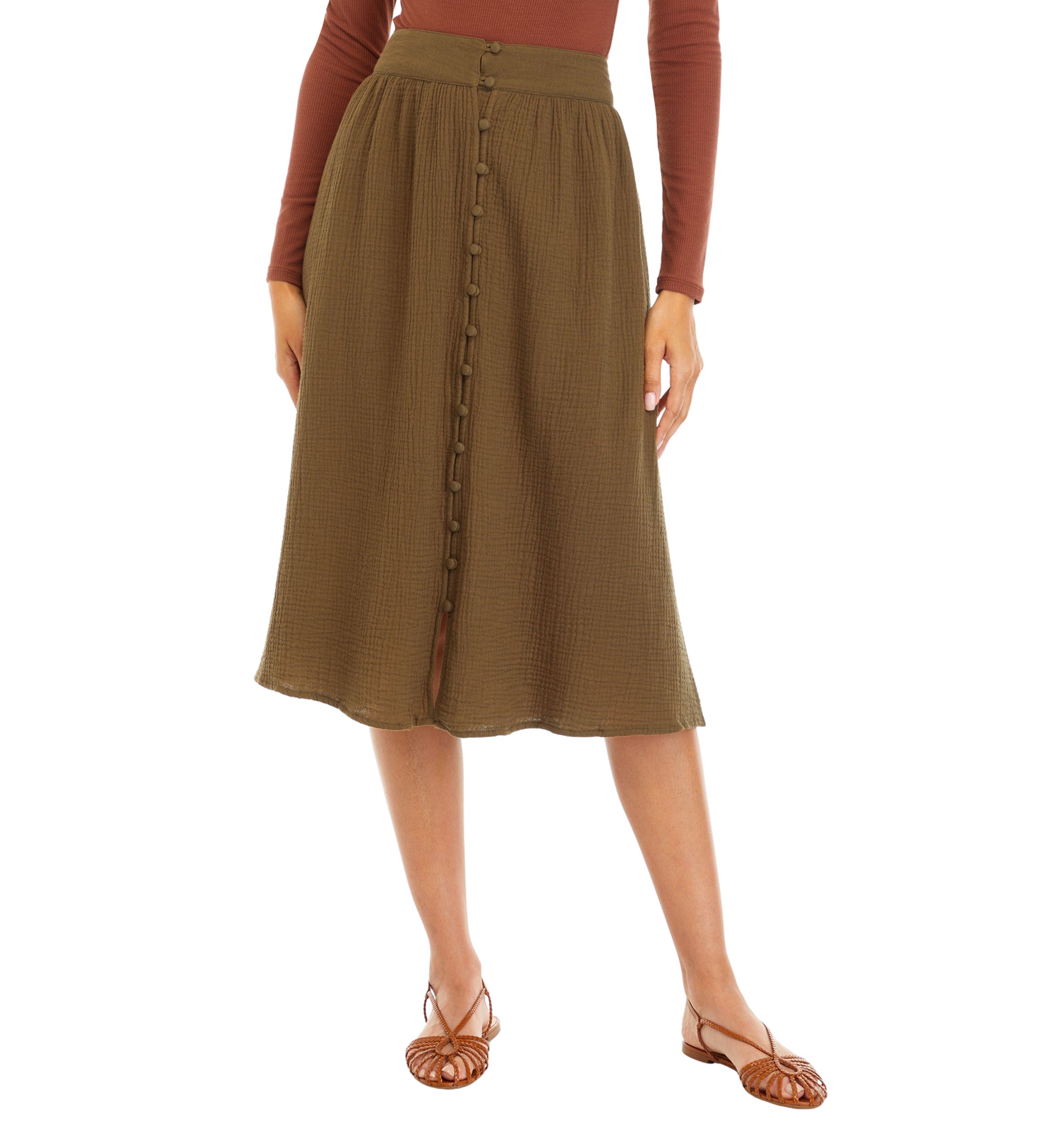 Womens Button Front Midi Skirt 