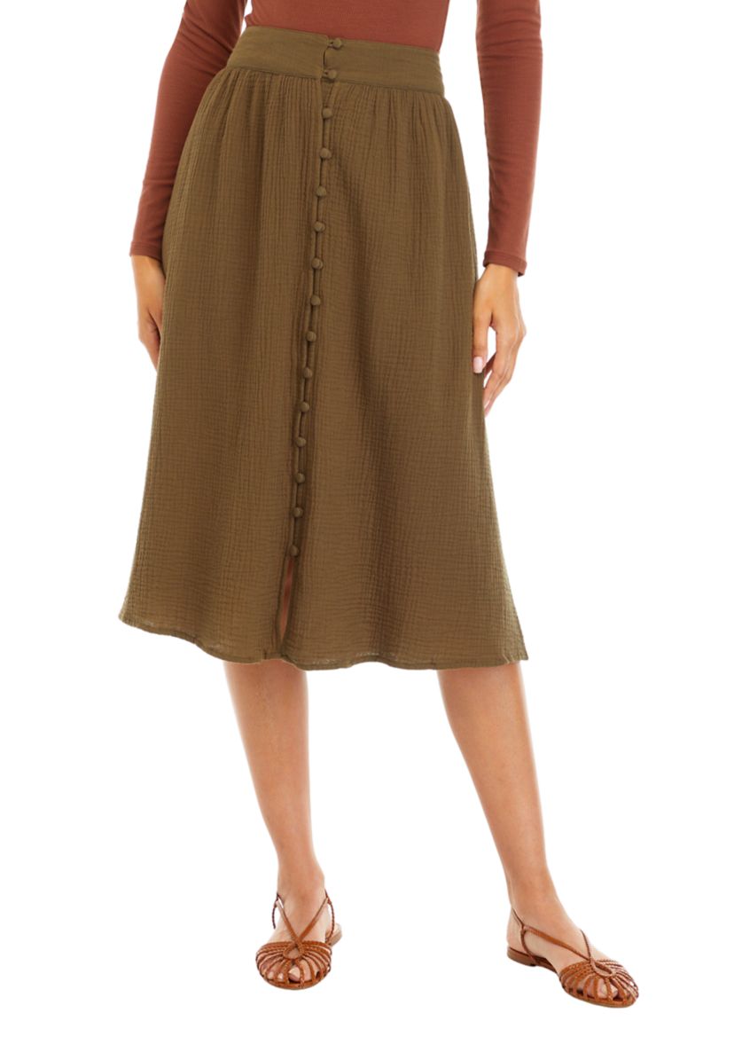 Womens Button Front Midi Skirt 
