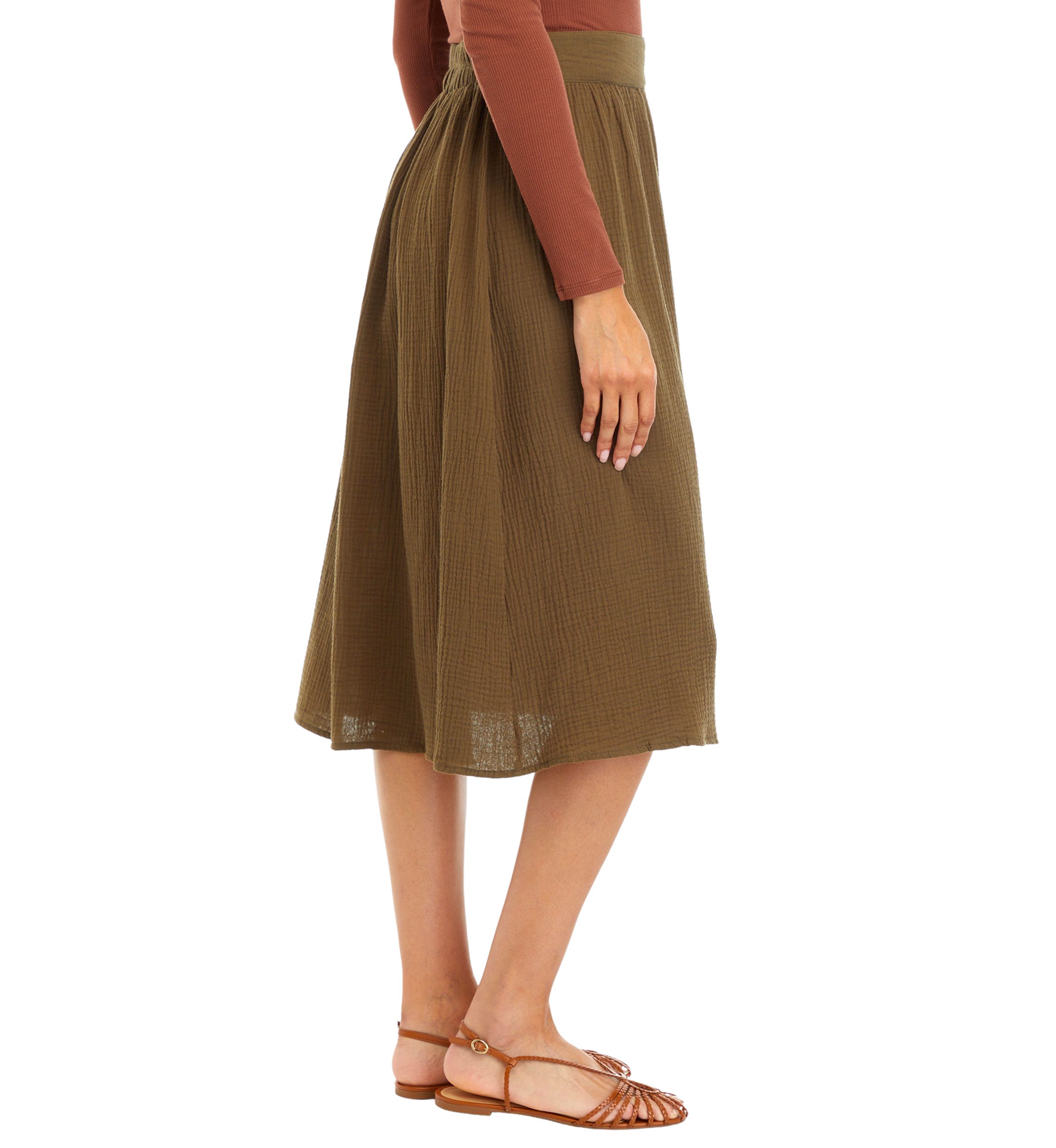 Womens Button Front Midi Skirt 