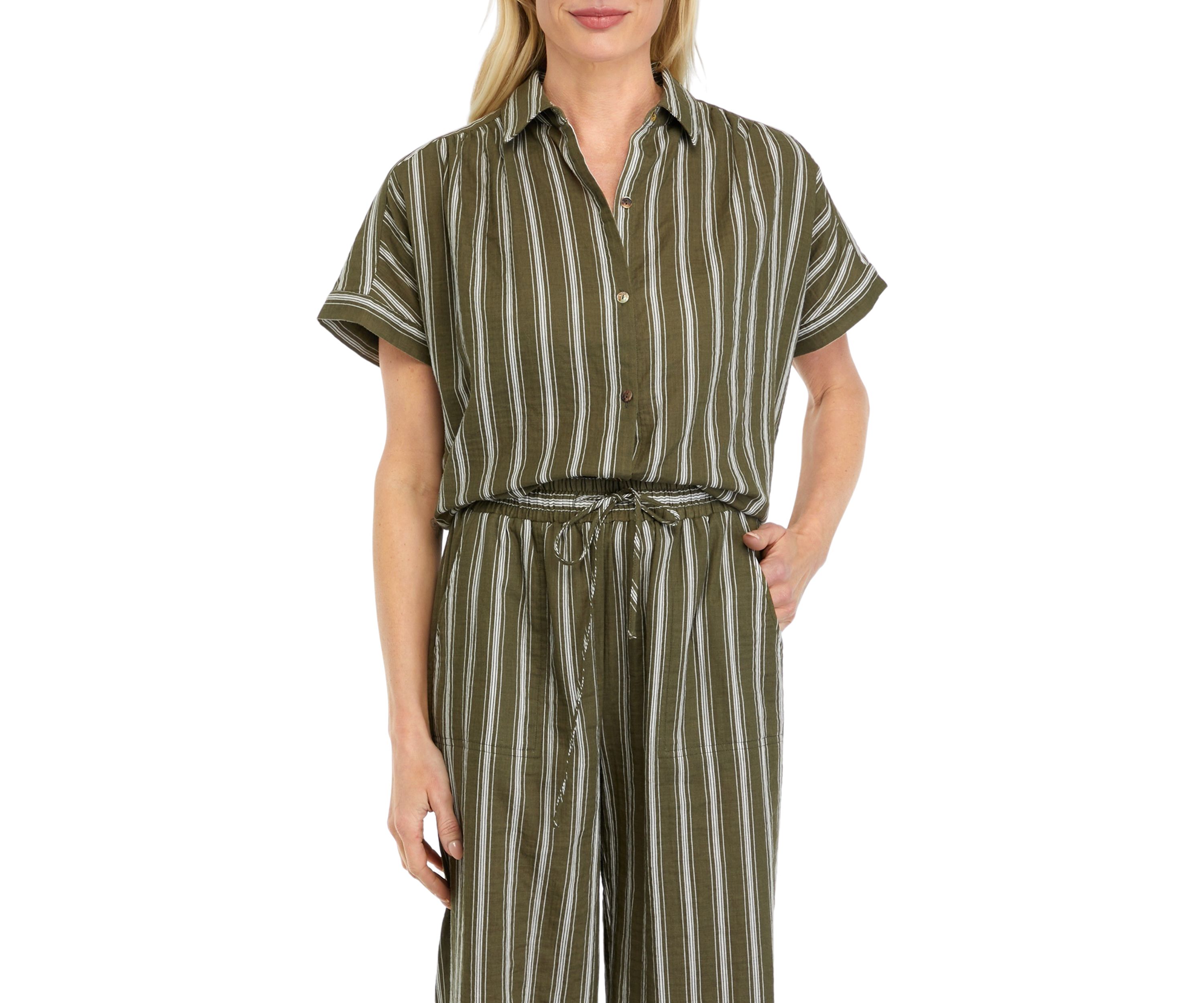 Womens Striped Cotton Gauze Button Front Camp Shirt