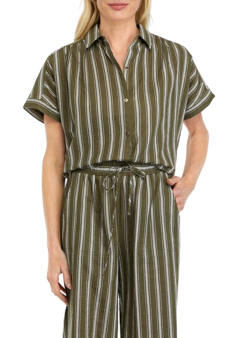 Womens Striped Cotton Gauze Button Front Camp Shirt