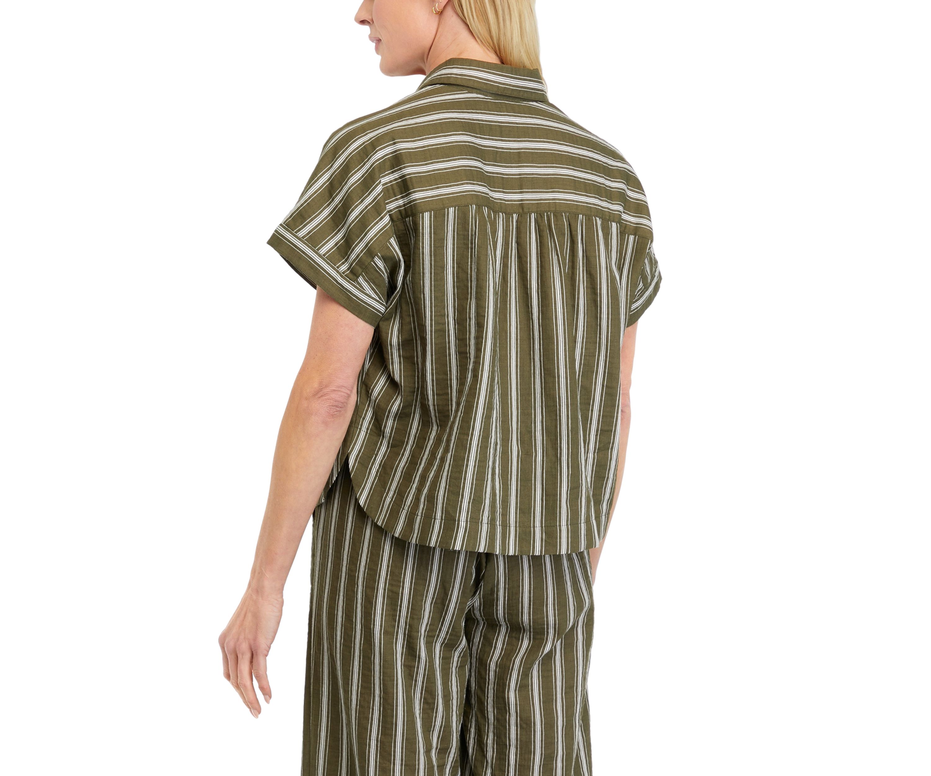 Womens Striped Cotton Gauze Button Front Camp Shirt