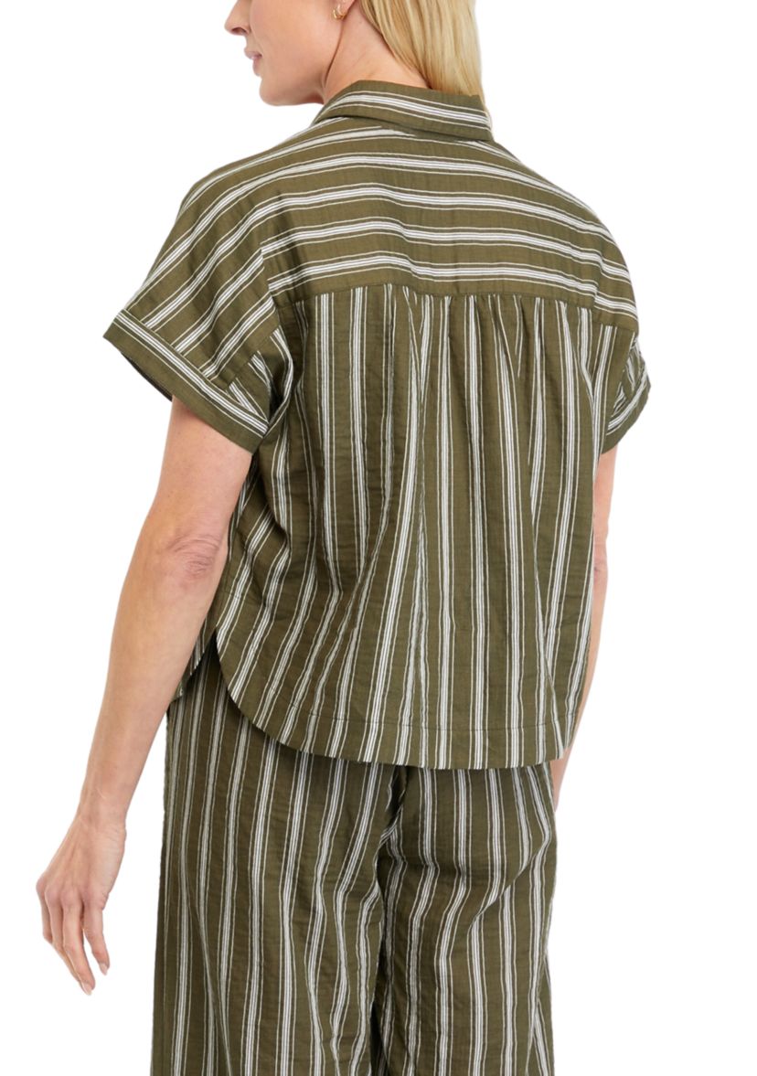 Womens Striped Cotton Gauze Button Front Camp Shirt