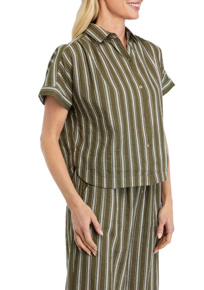 Womens Striped Cotton Gauze Button Front Camp Shirt