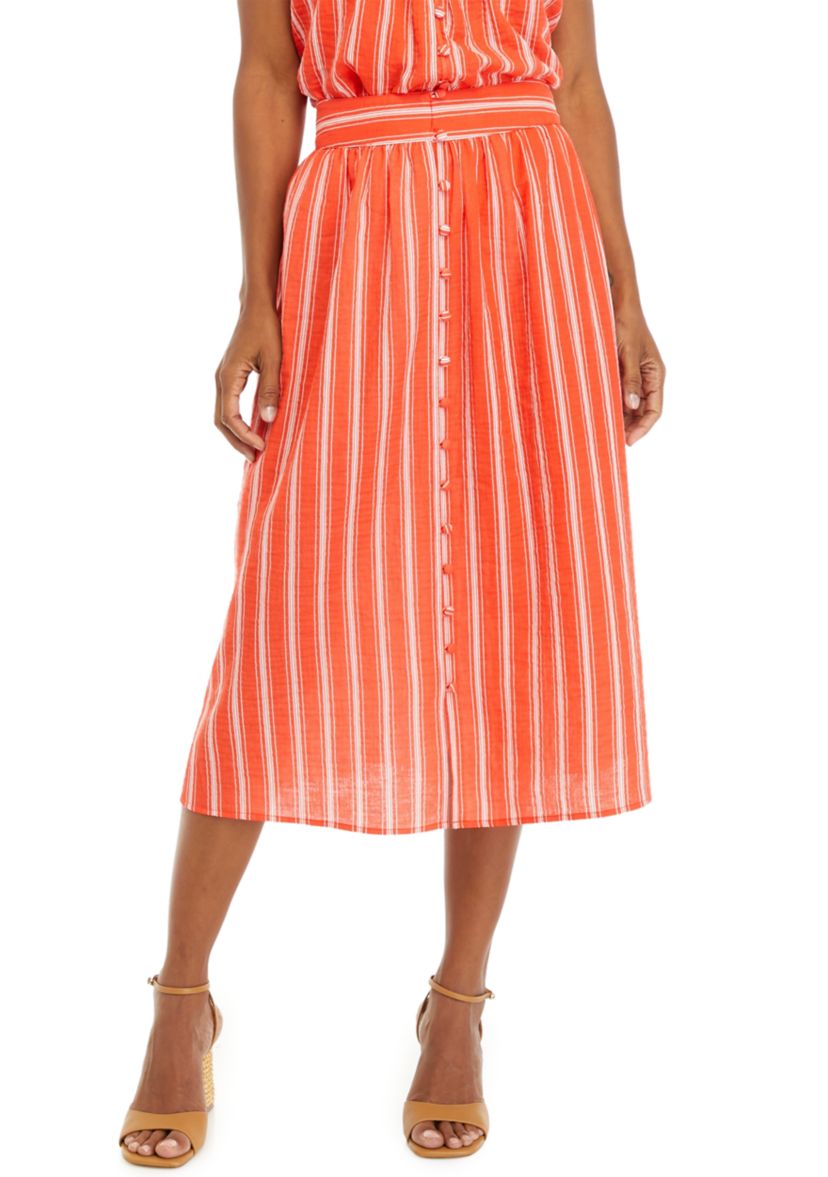Womens Button Front Stripe Cotton Gauze Skirt