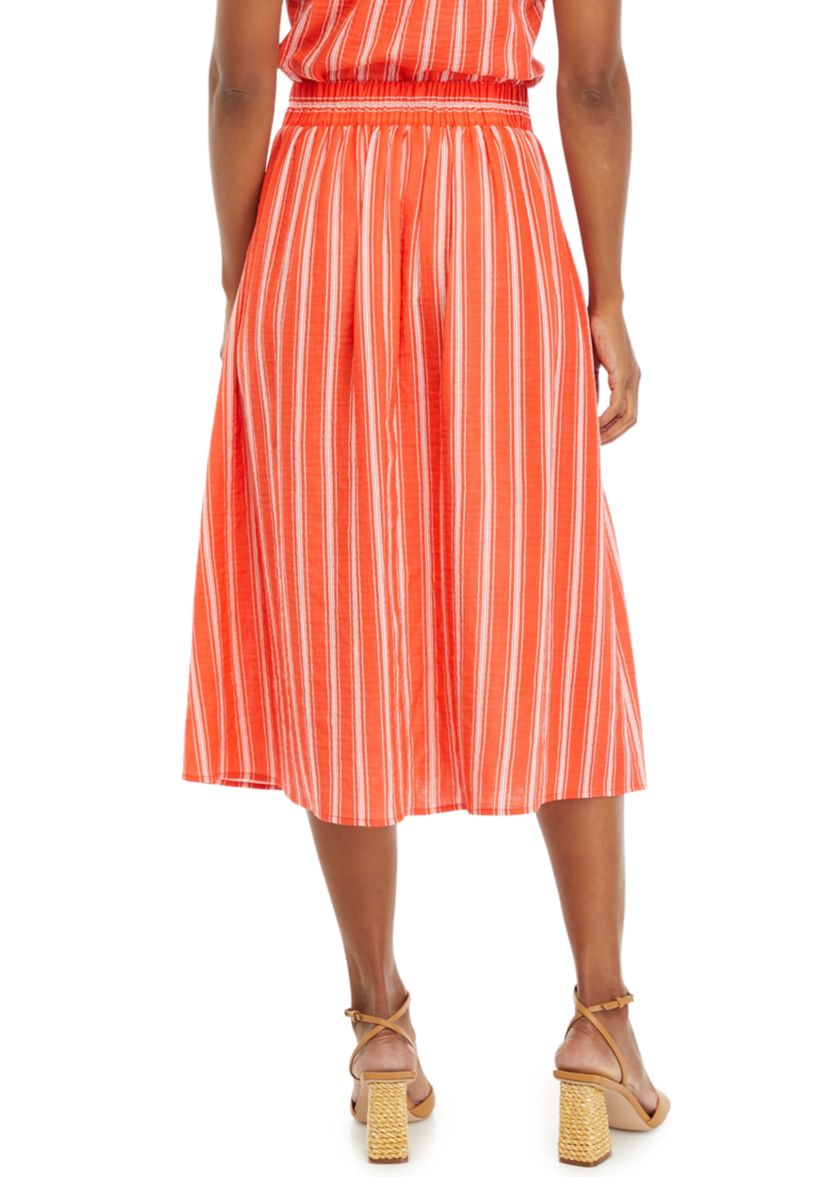 Womens Button Front Stripe Cotton Gauze Skirt