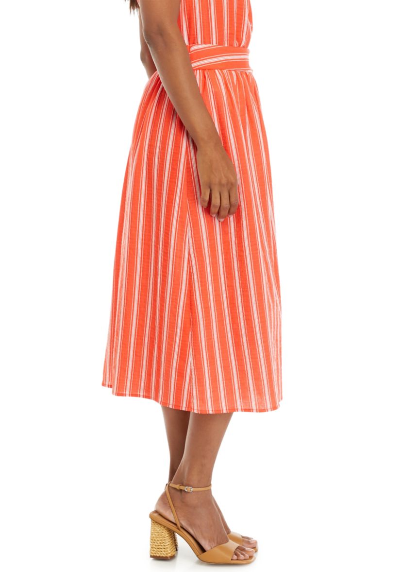 Womens Button Front Stripe Cotton Gauze Skirt