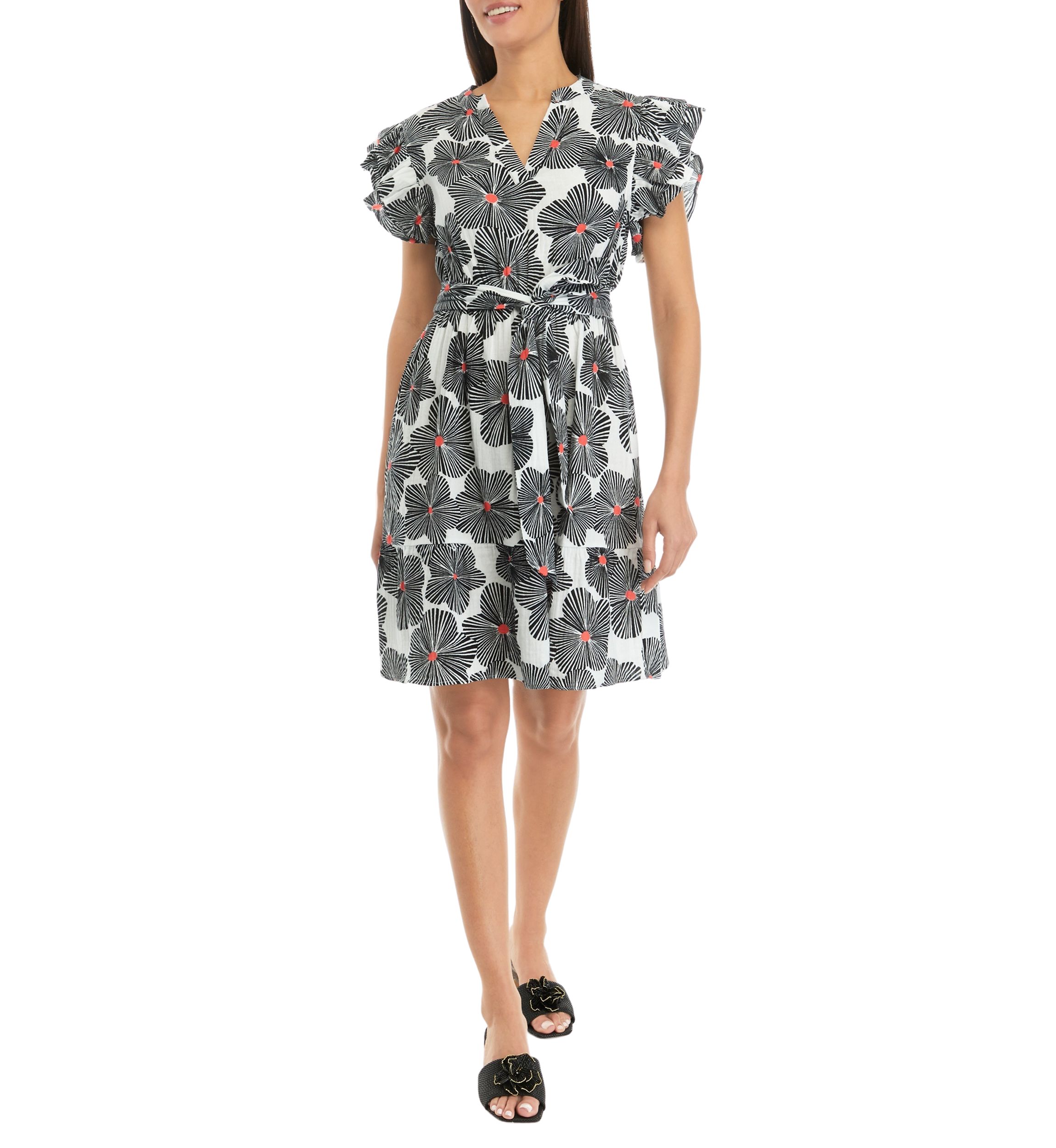 Womens Printed Flutter Sleeve Dress