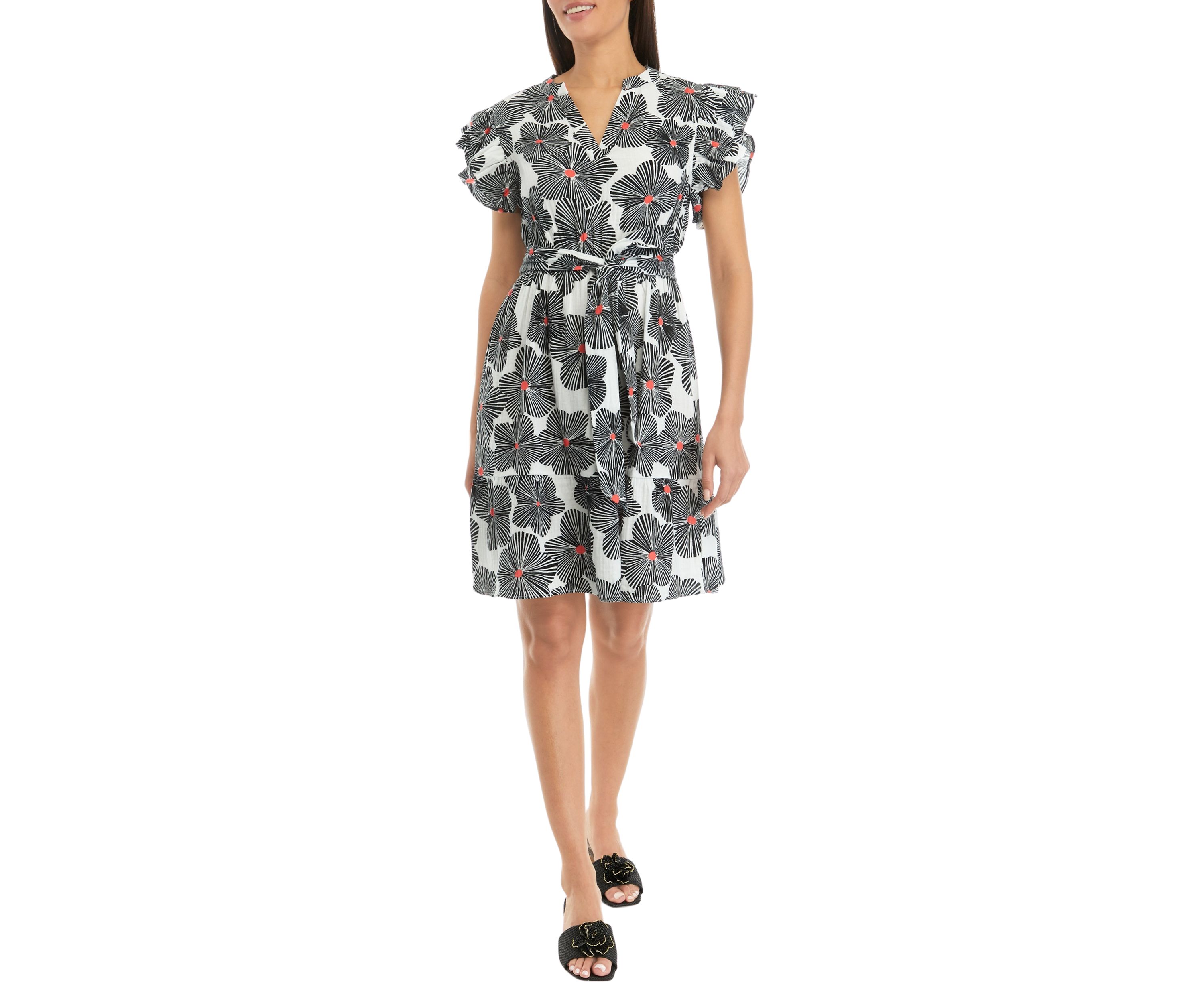 Womens Printed Flutter Sleeve Dress