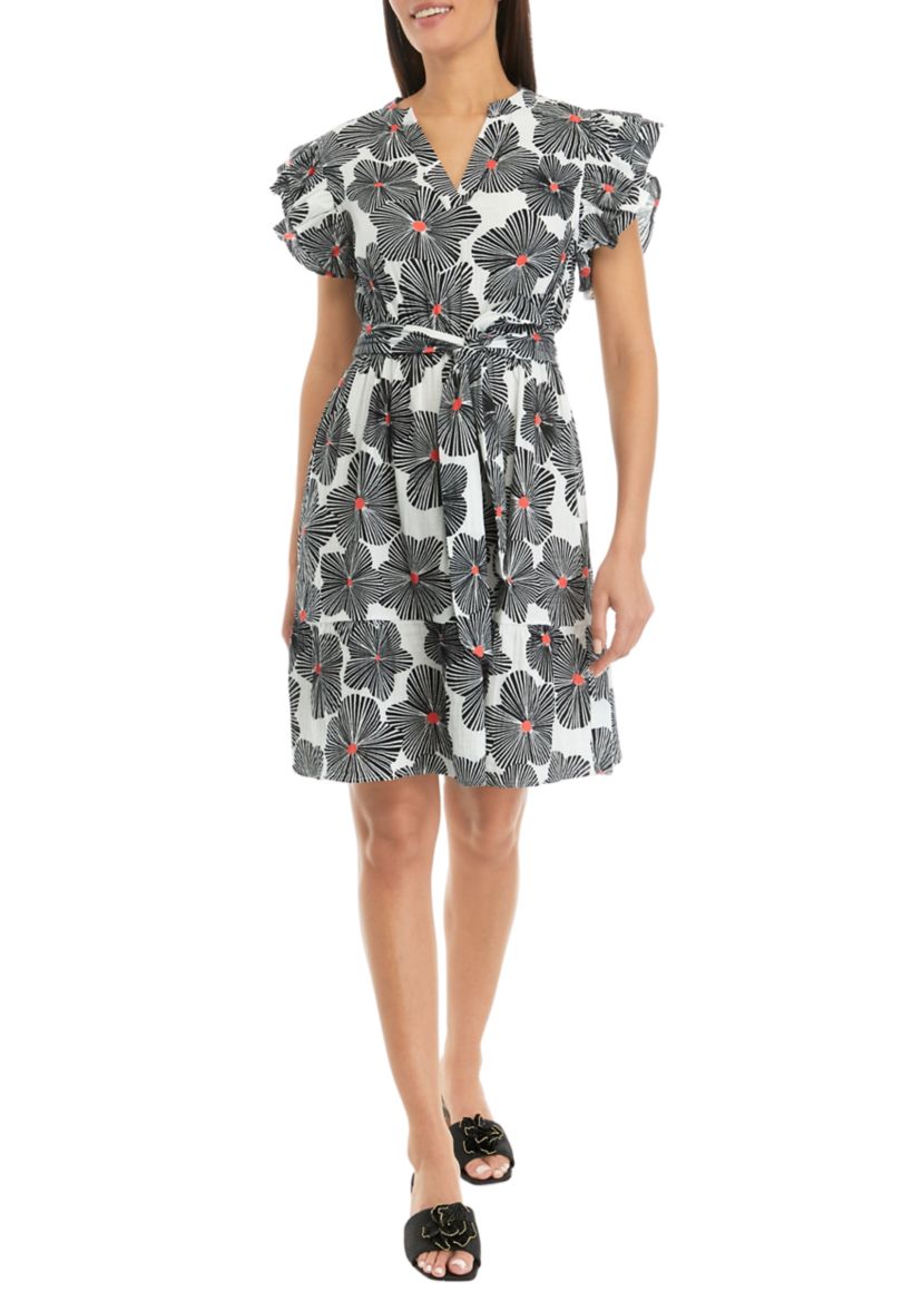 Womens Printed Flutter Sleeve Dress